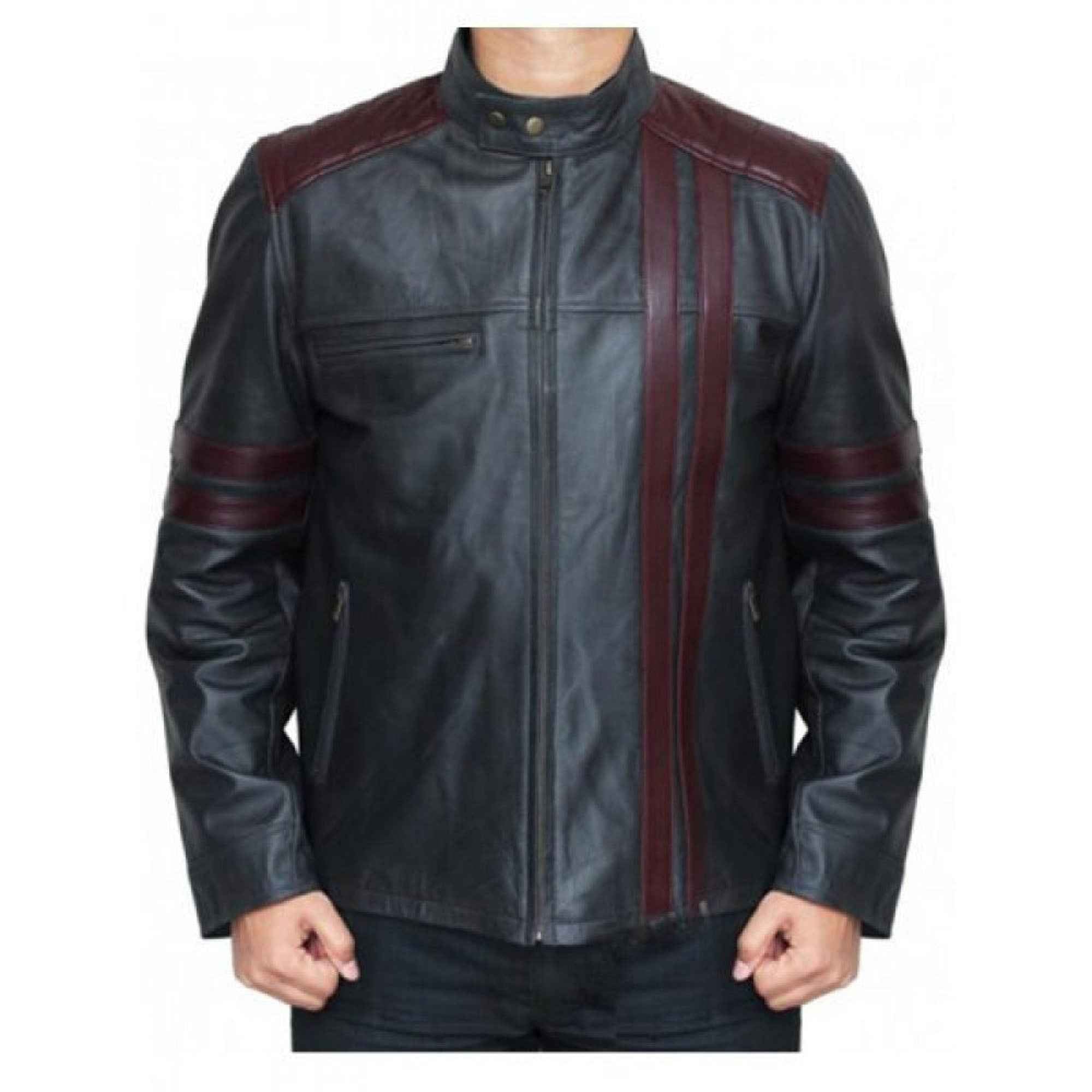 Burgundy stripes black leather biker jacket front view