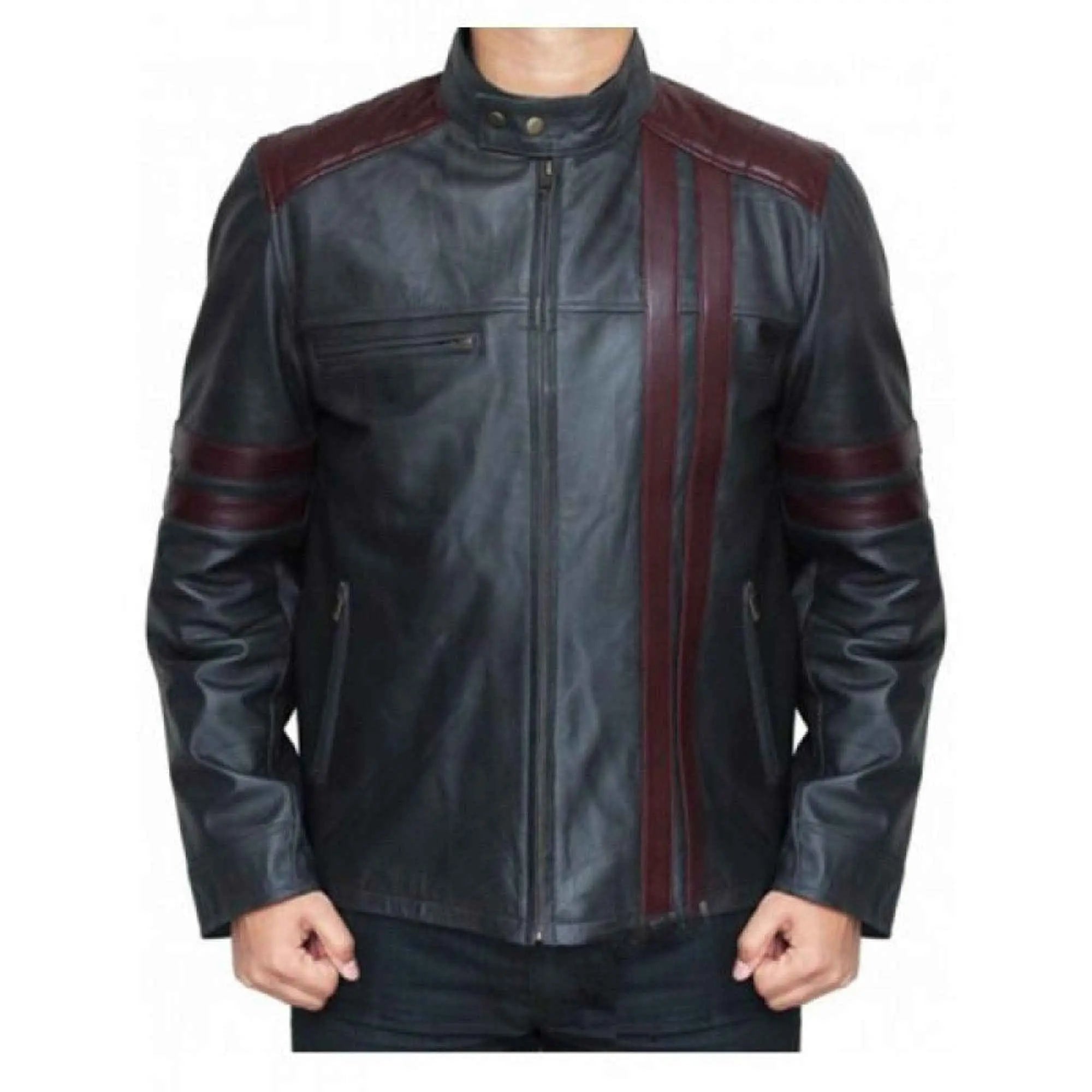 Burgundy stripes black leather biker jacket front view