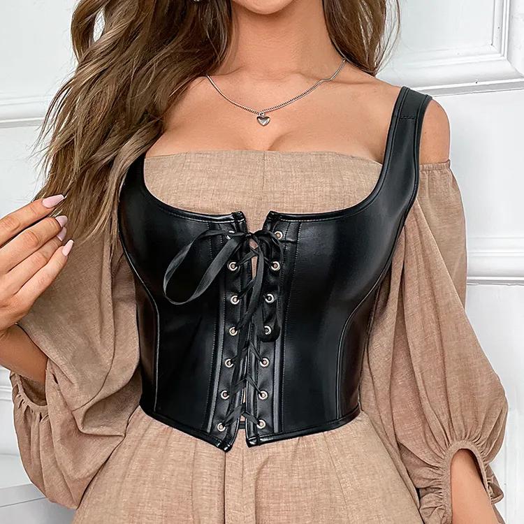 Women’s Leather Over bust Corset (Gothic Lace-Up Waist Cincher Bustier)