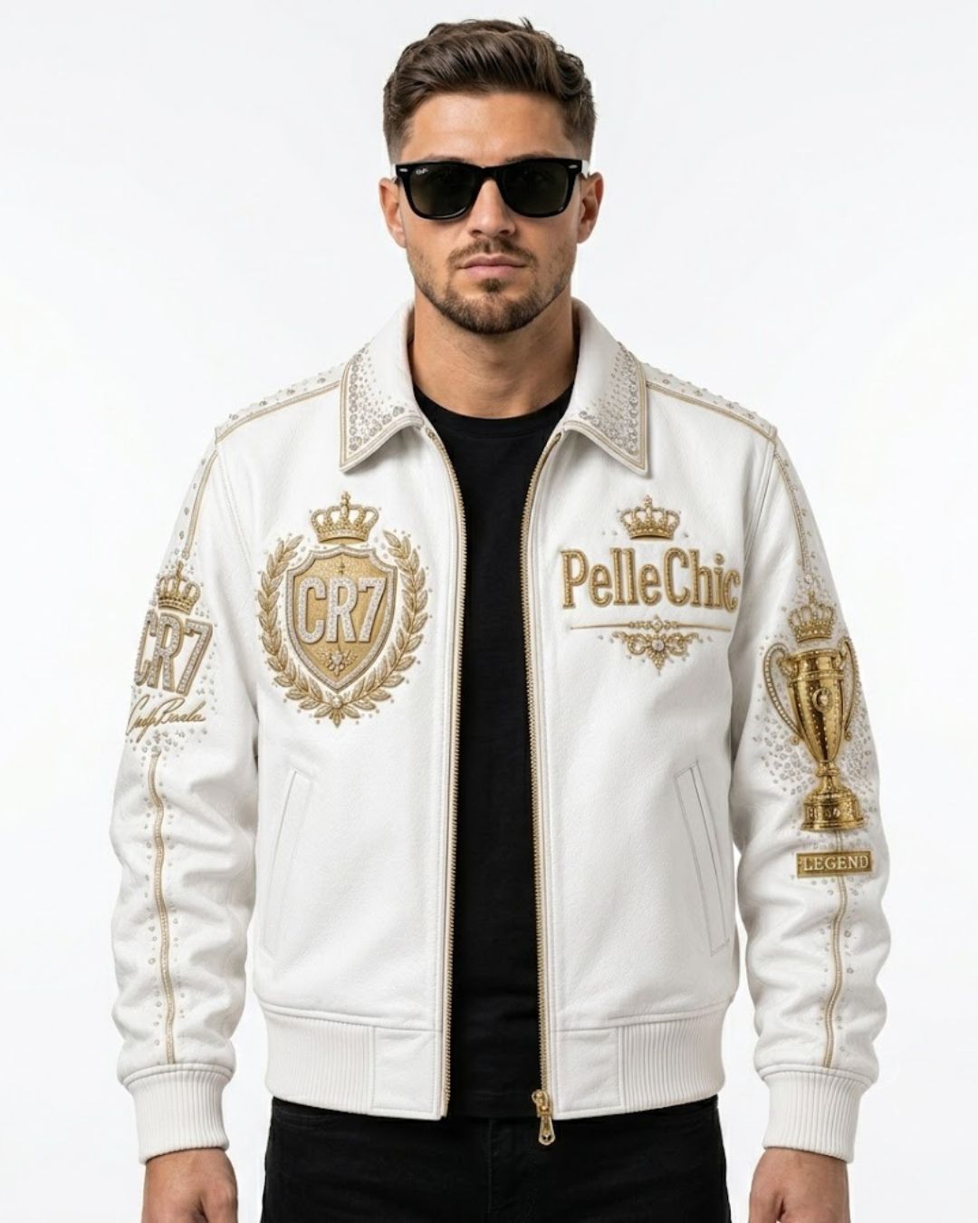 Back view of PelleChic CR7 leather bomber jacket with large gold trophy and rhinestone-style artwork