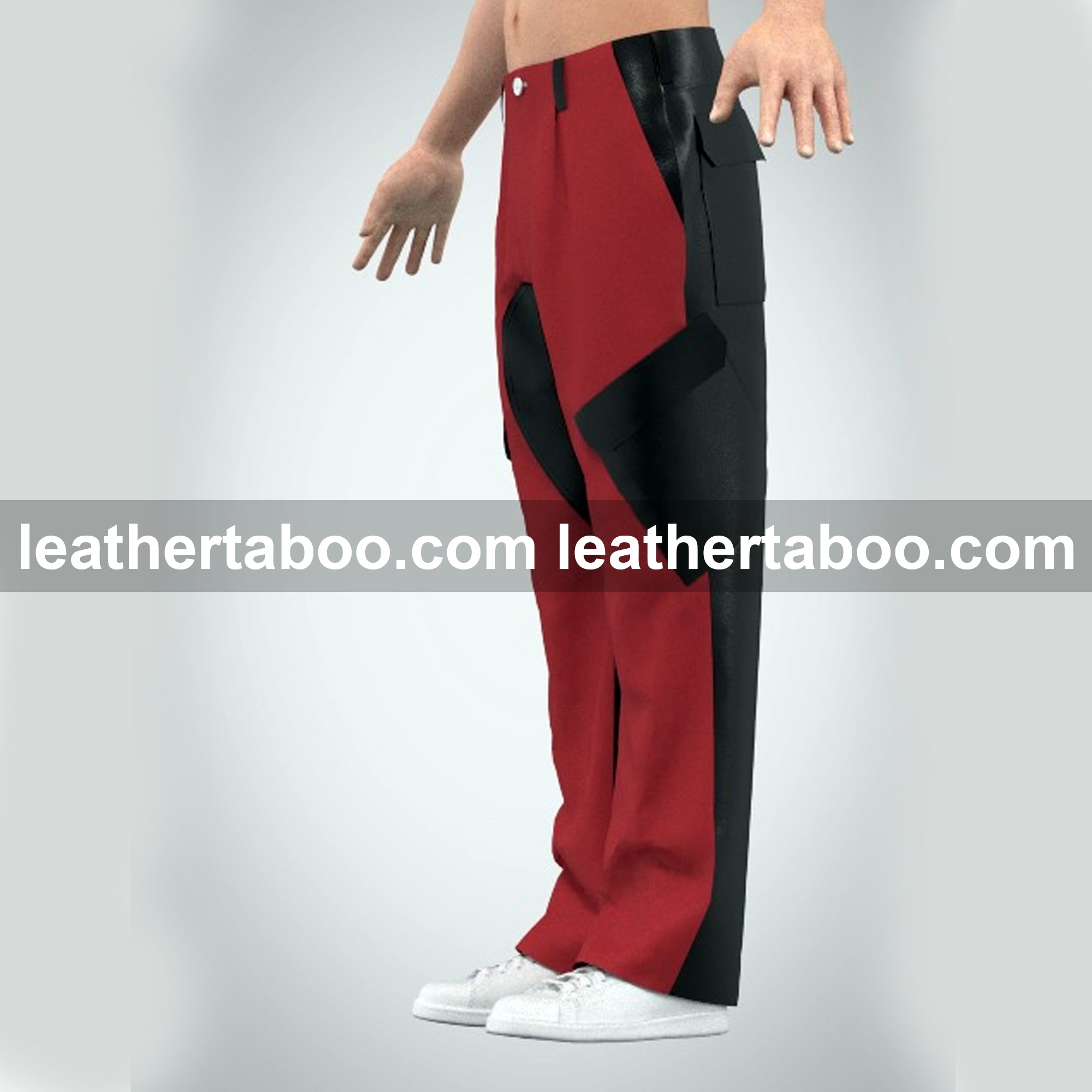 Calf Leather Skin Red & Black Cross Side 4-Pocket Pants β Gift for Him | leathertaboo.com