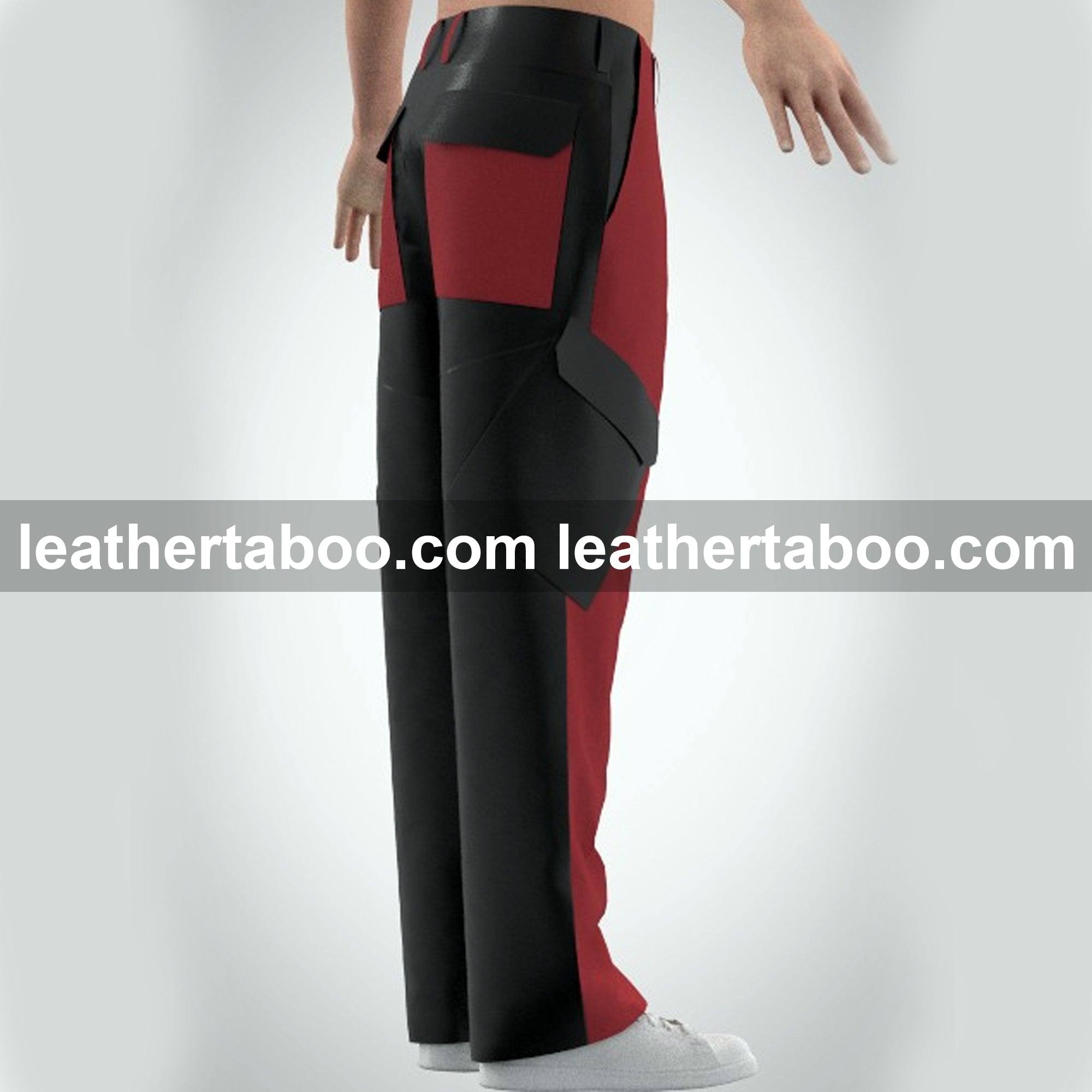 Calf Leather Skin Red & Black Cross Side 4-Pocket Pants β Gift for Him | leathertaboo.com