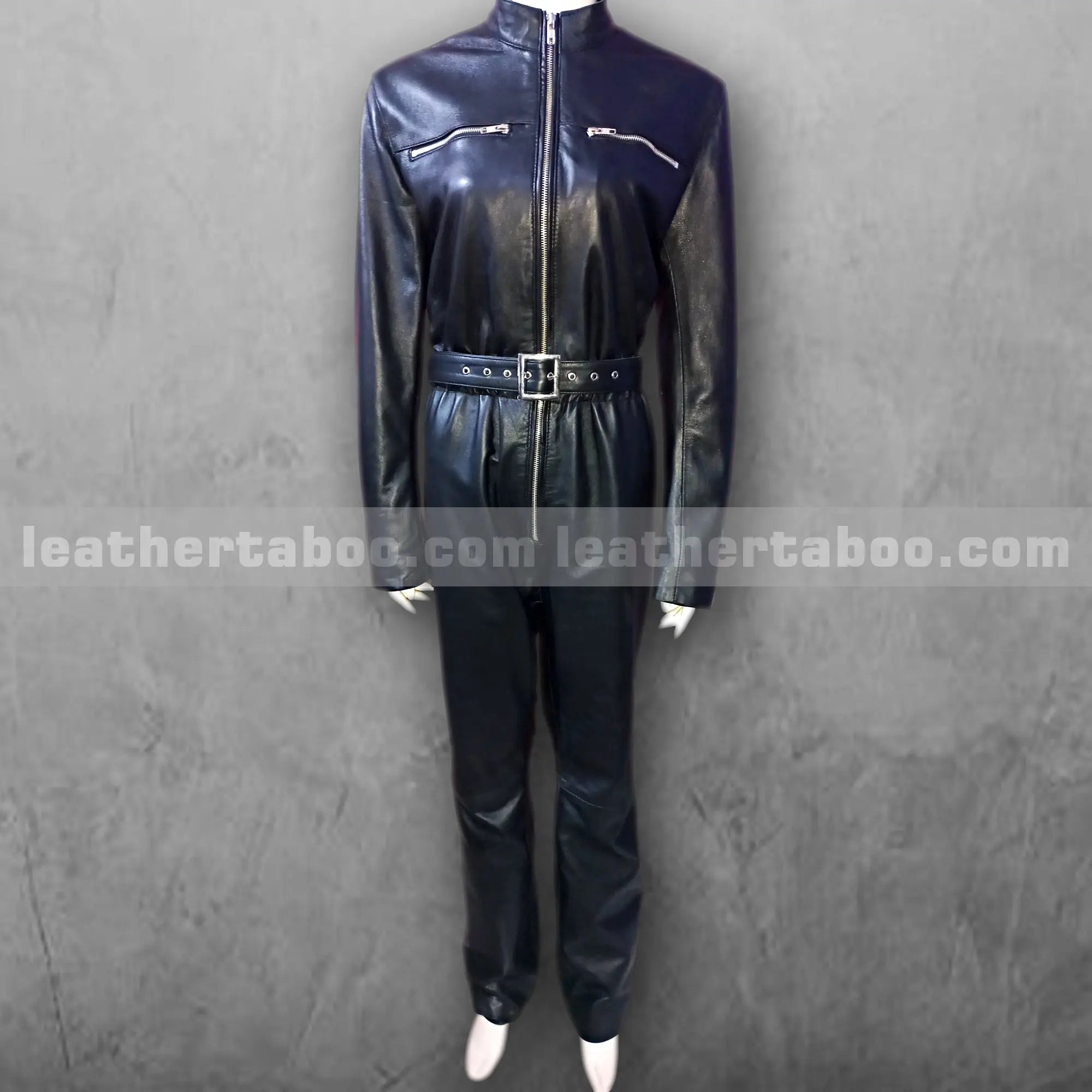 Women's Black Leather Catsuit โ Sheepskin Full Body Jumpsuit with Belted Waist, Front Zipper & Chest Zip Pockets - Leather taboo