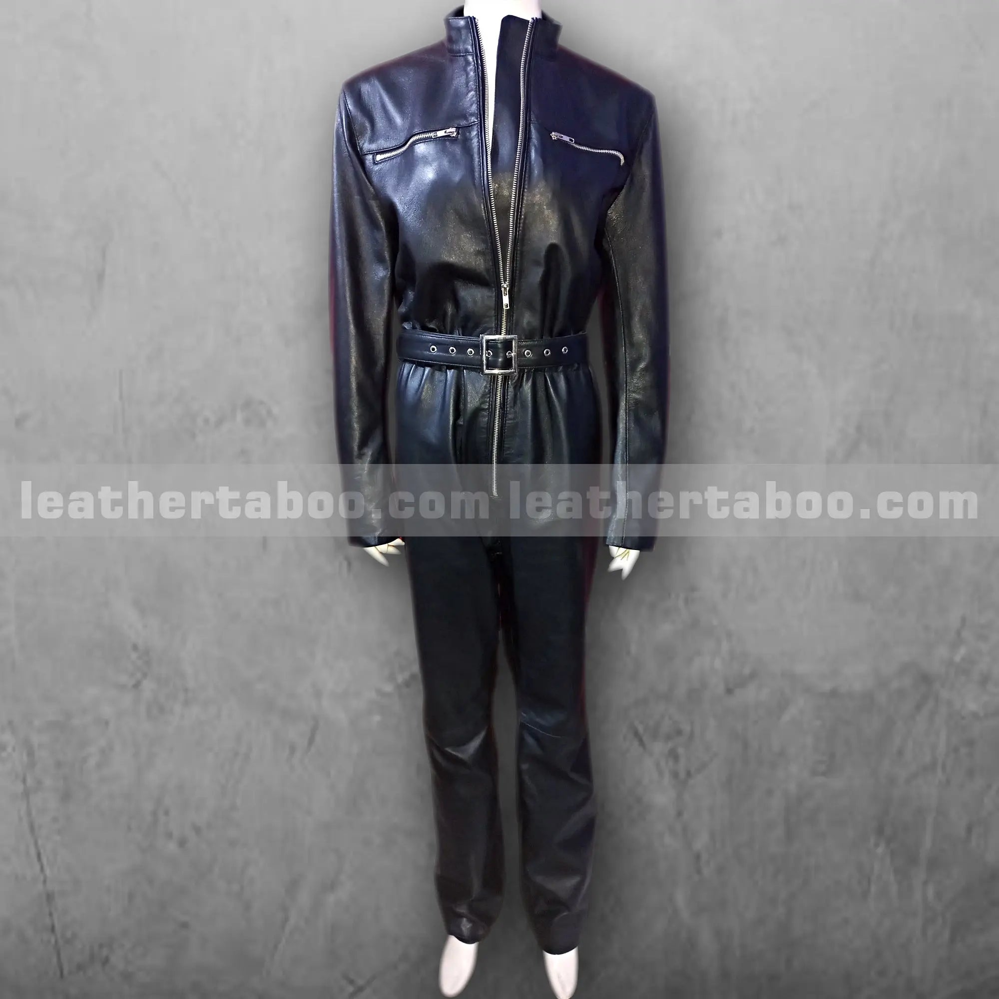 Women's Black Leather Catsuit โ Sheepskin Full Body Jumpsuit with Belted Waist, Front Zipper & Chest Zip Pockets - Leather taboo