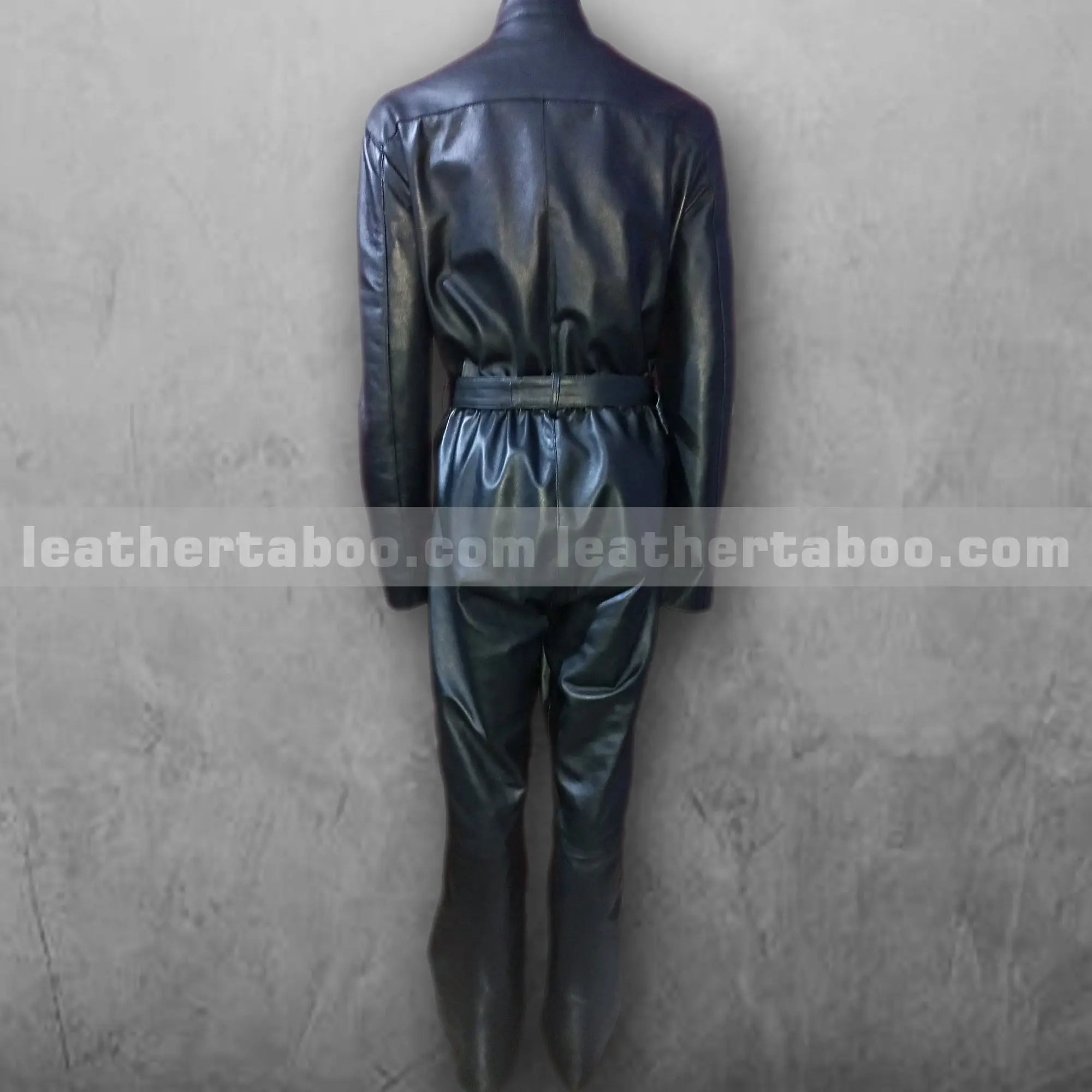 Women's Black Leather Catsuit โ Sheepskin Full Body Jumpsuit with Belted Waist, Front Zipper & Chest Zip Pockets - Leather taboo