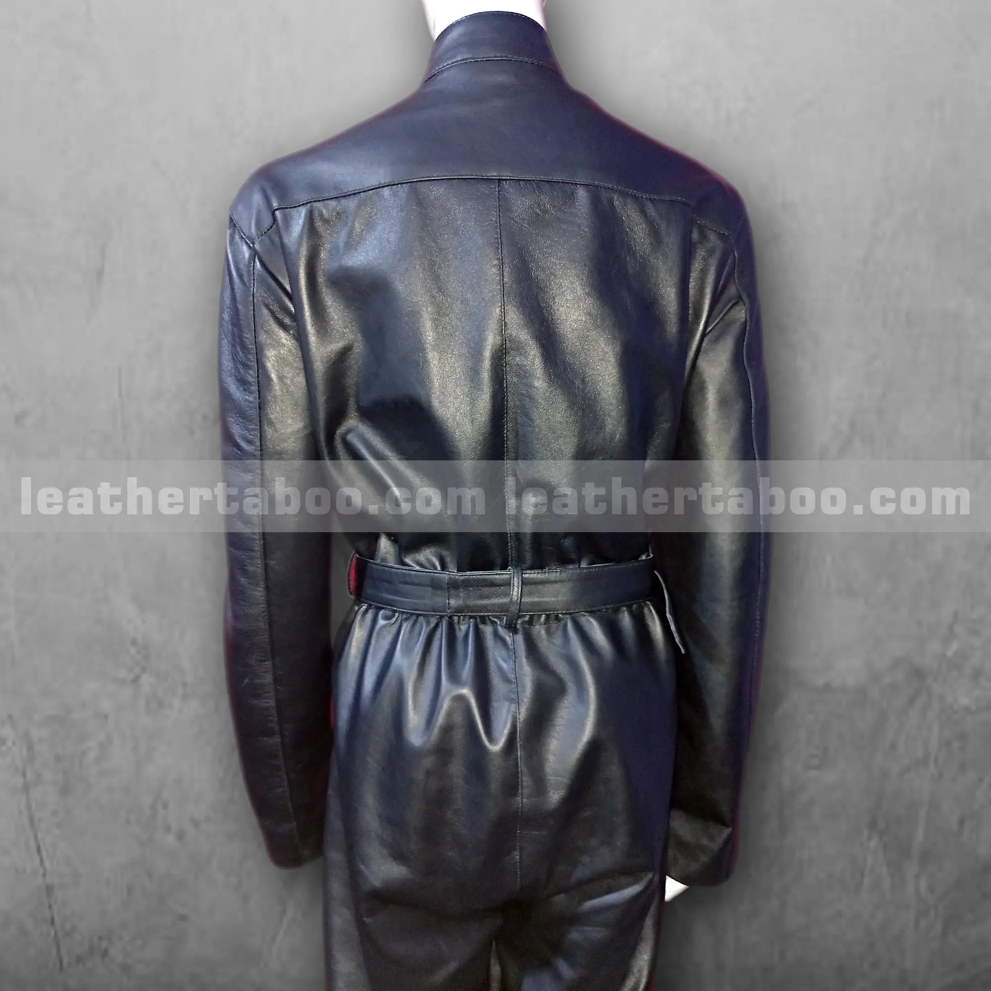 Women's Black Leather Catsuit โ Sheepskin Full Body Jumpsuit with Belted Waist, Front Zipper & Chest Zip Pockets - Leather taboo
