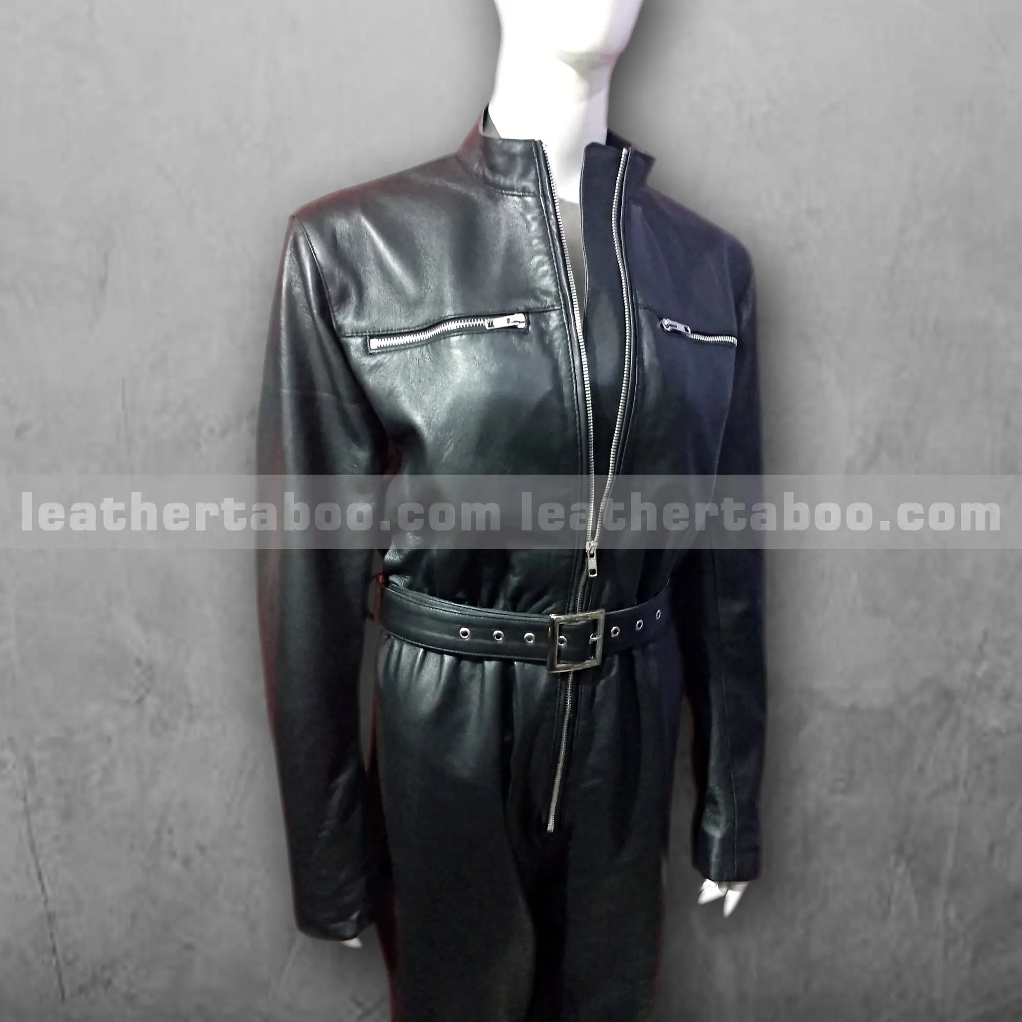 Women's Black Leather Catsuit โ Sheepskin Full Body Jumpsuit with Belted Waist, Front Zipper & Chest Zip Pockets - Leather taboo