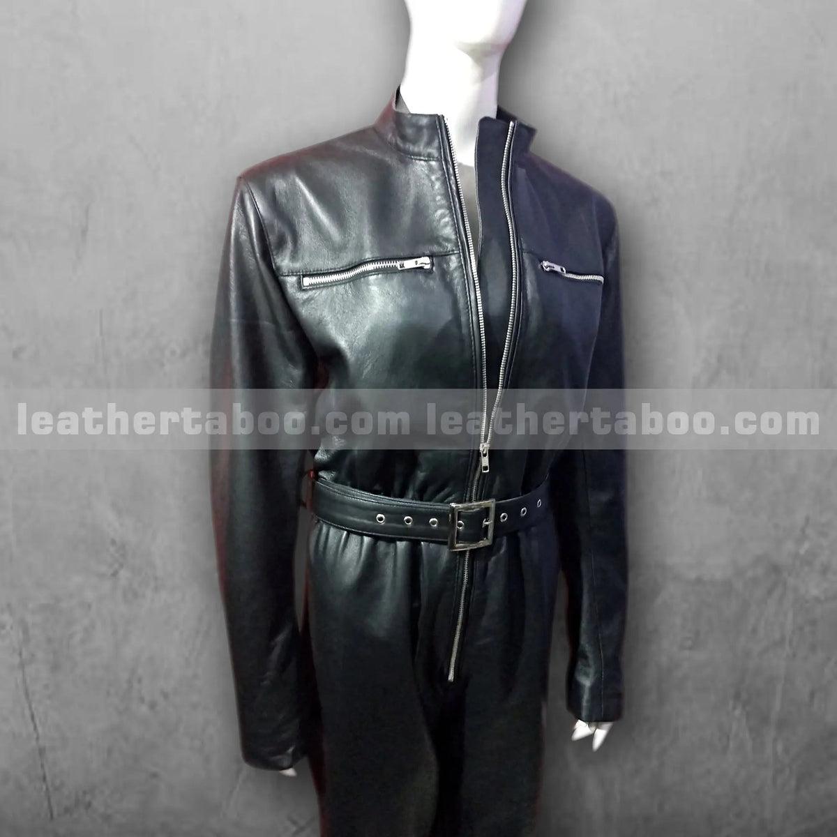 Women's Black Leather Catsuit – Sheepskin Full Body Jumpsuit with Belted Waist, Front Zipper & Chest Zip Pockets - Leather taboo
