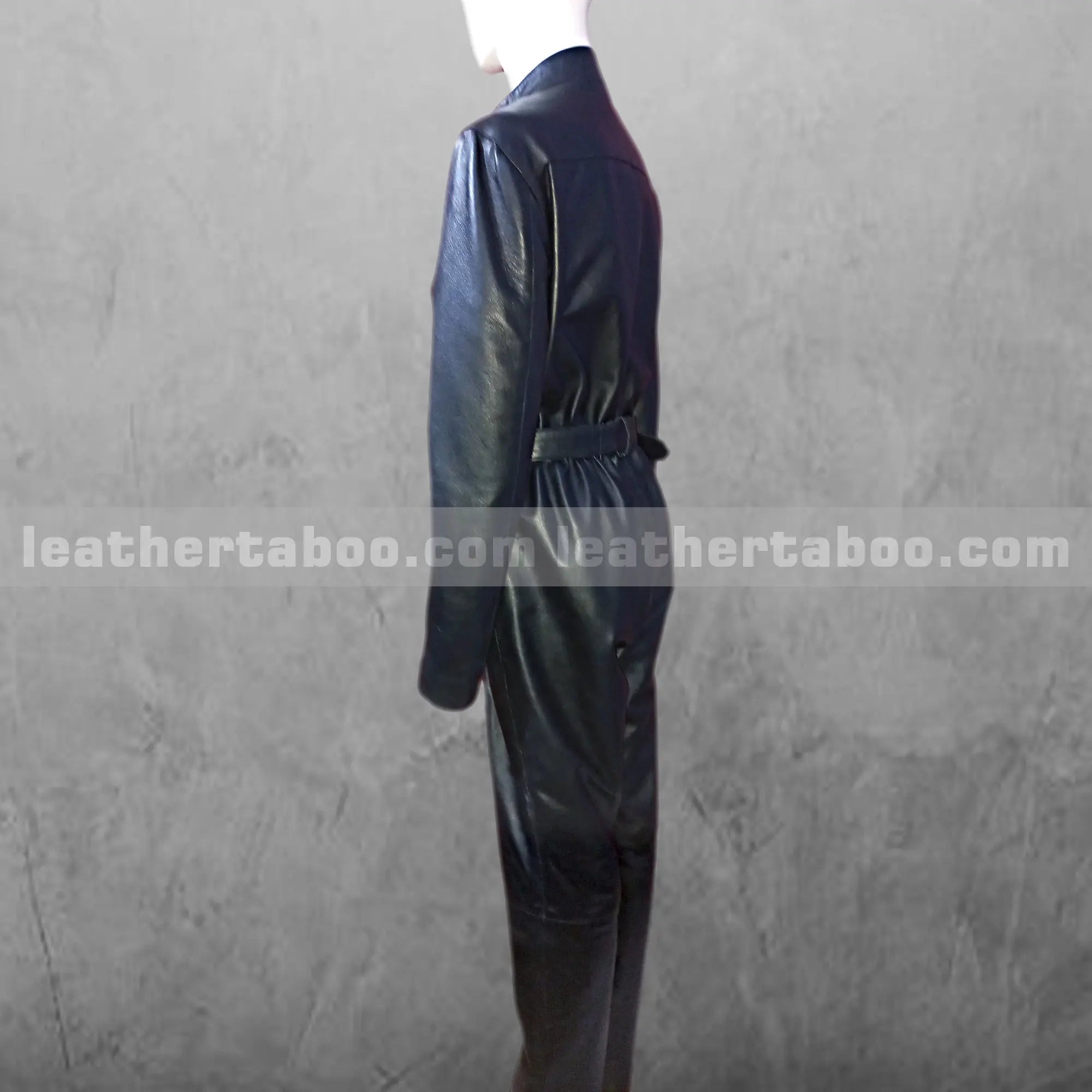 Women's Black Leather Catsuit โ Sheepskin Full Body Jumpsuit with Belted Waist, Front Zipper & Chest Zip Pockets - Leather taboo
