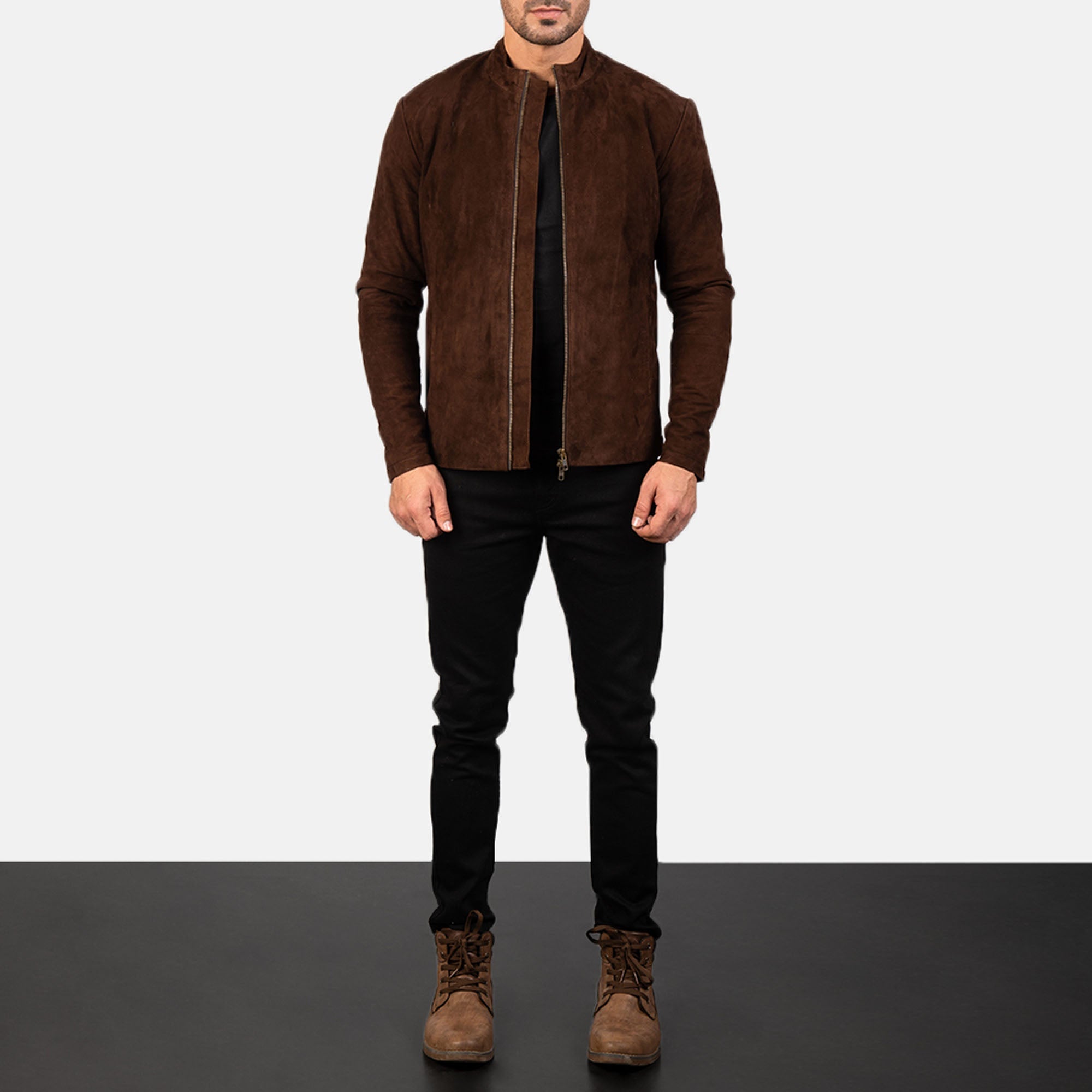 Charcoal mocha suede leather biker jacket front view