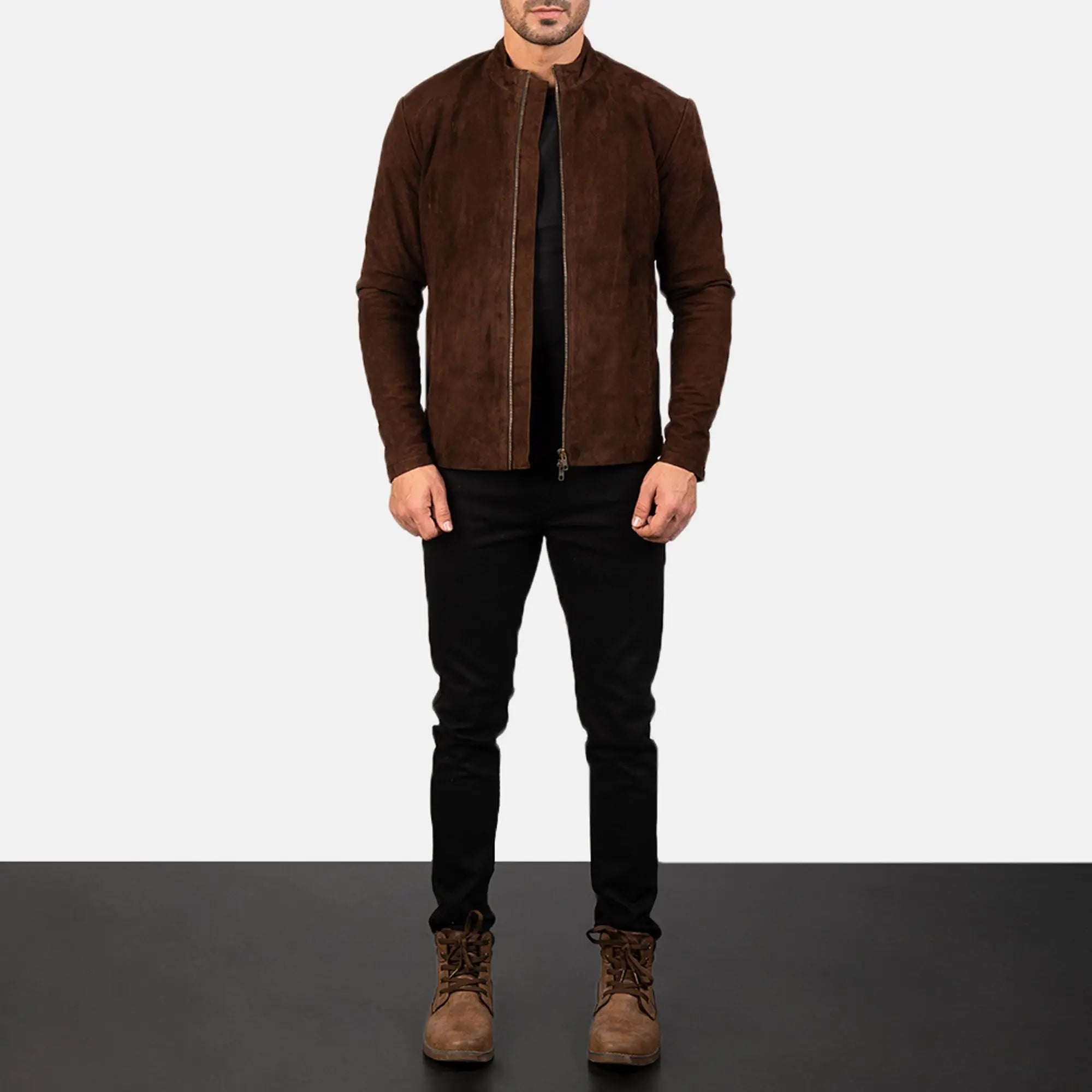 Charcoal mocha suede leather biker jacket front view
