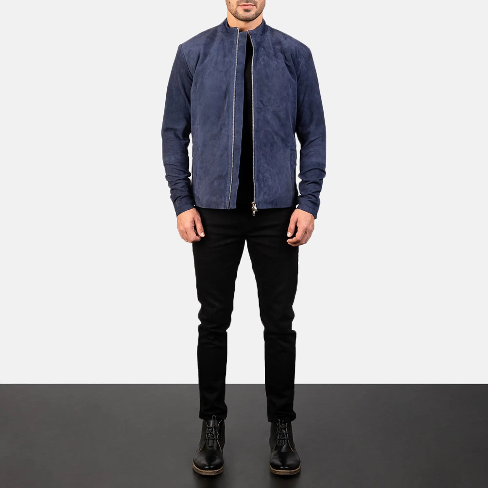 Charcoal navy blue suede biker jacket front fashion look