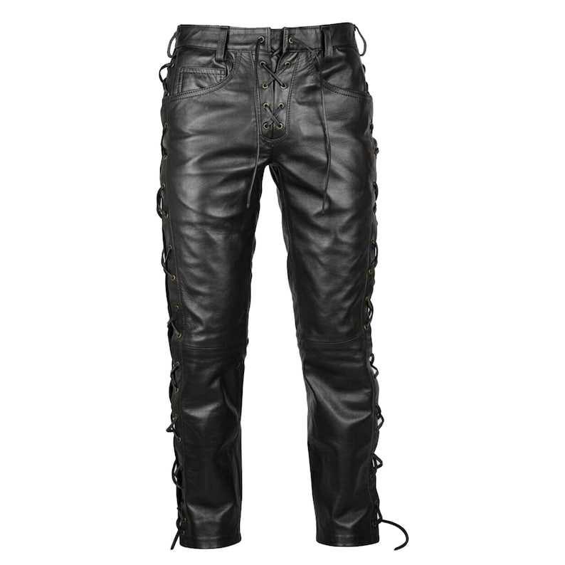 Menโs Real Leather Lace-Up Biker Pants (Motorcycle Clubwear Trousers)