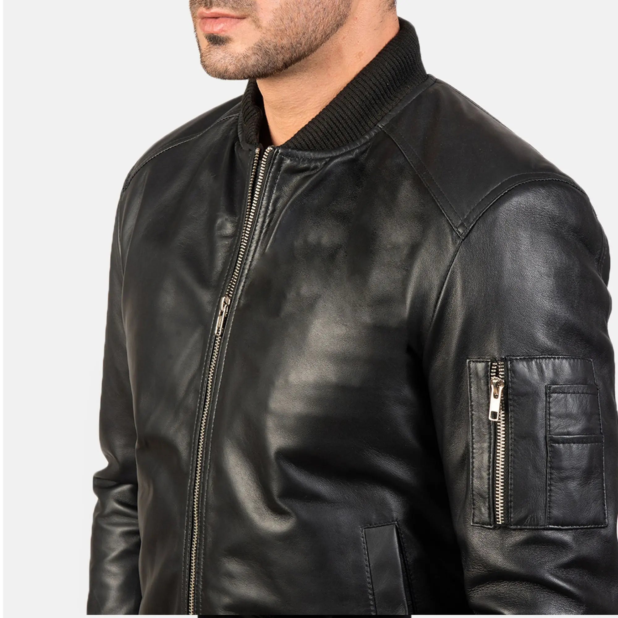 Close up bomber jacket ribbed collar zipper detail shot
