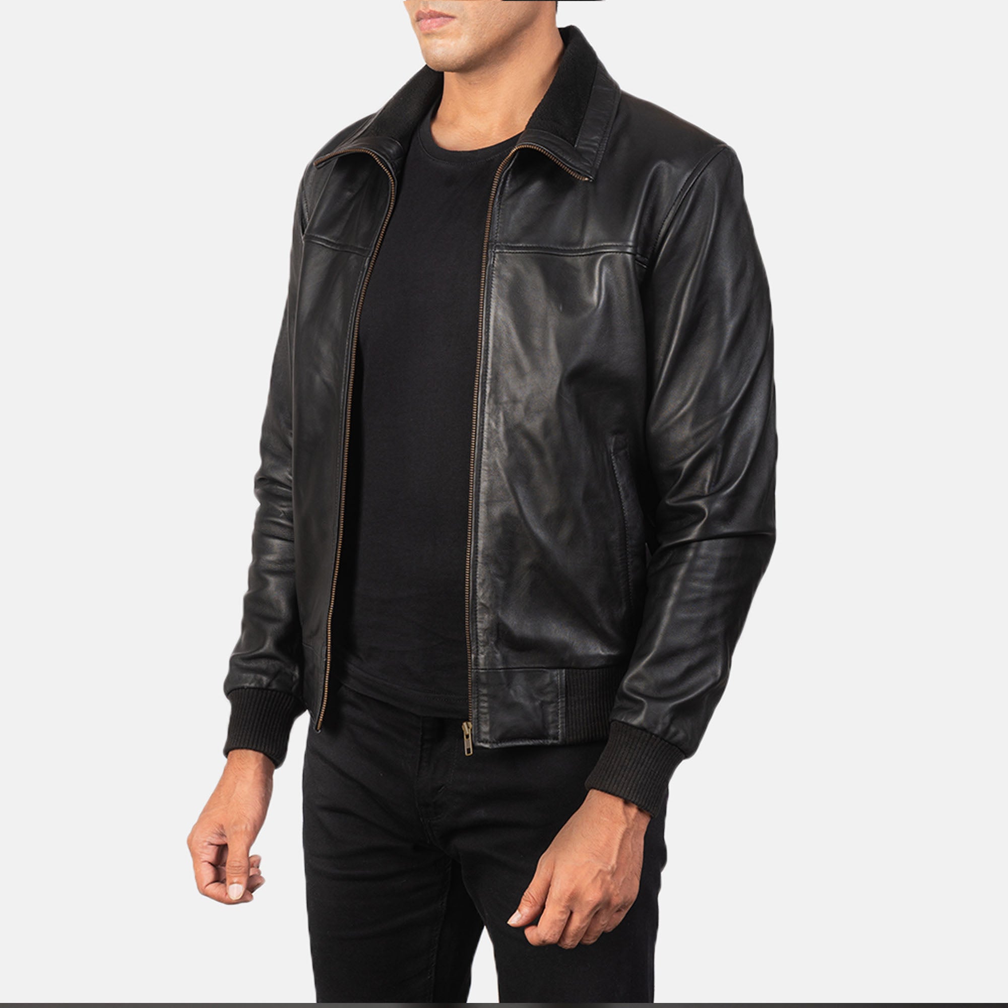 Close up bomber jacket zipper ribbed cuff detail shot