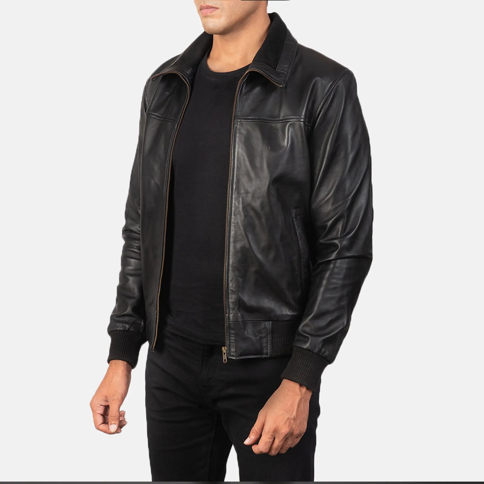 Close up bomber jacket zipper ribbed cuff detail shot