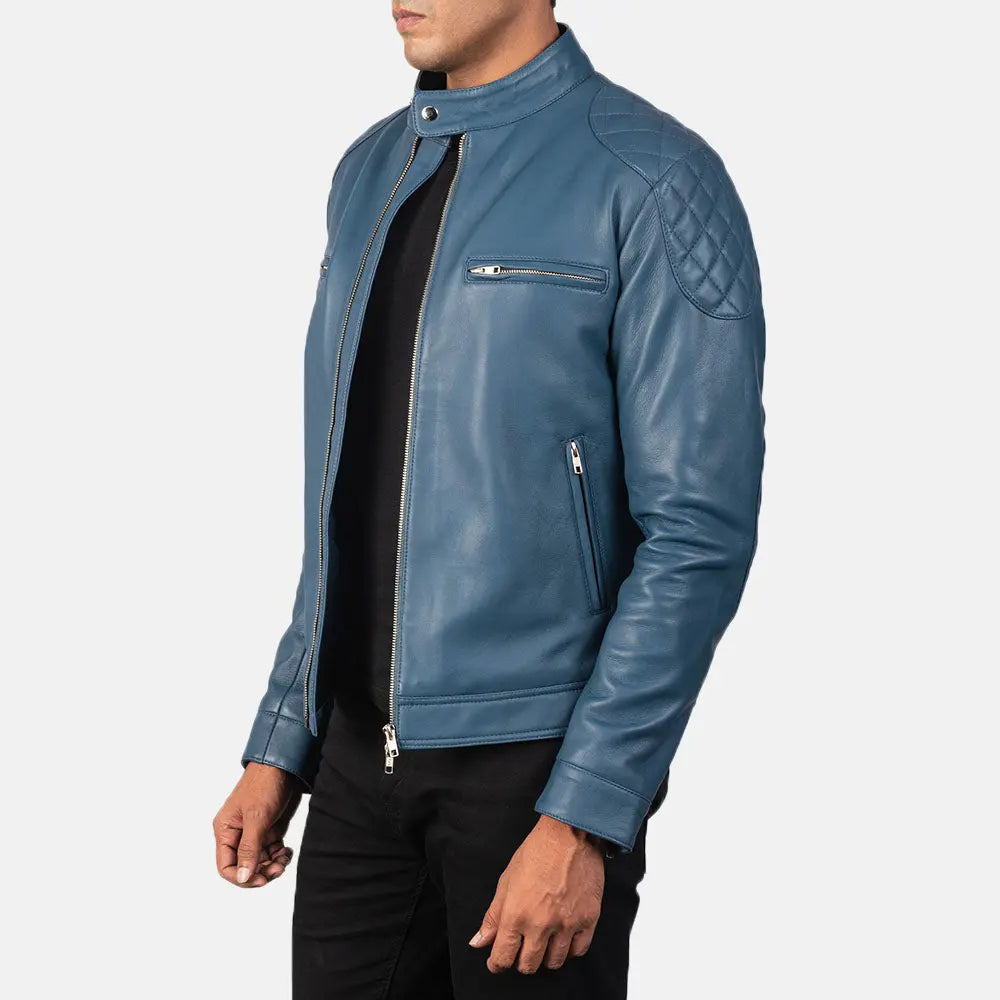 Close up deep blue leather texture zipper detail jacket