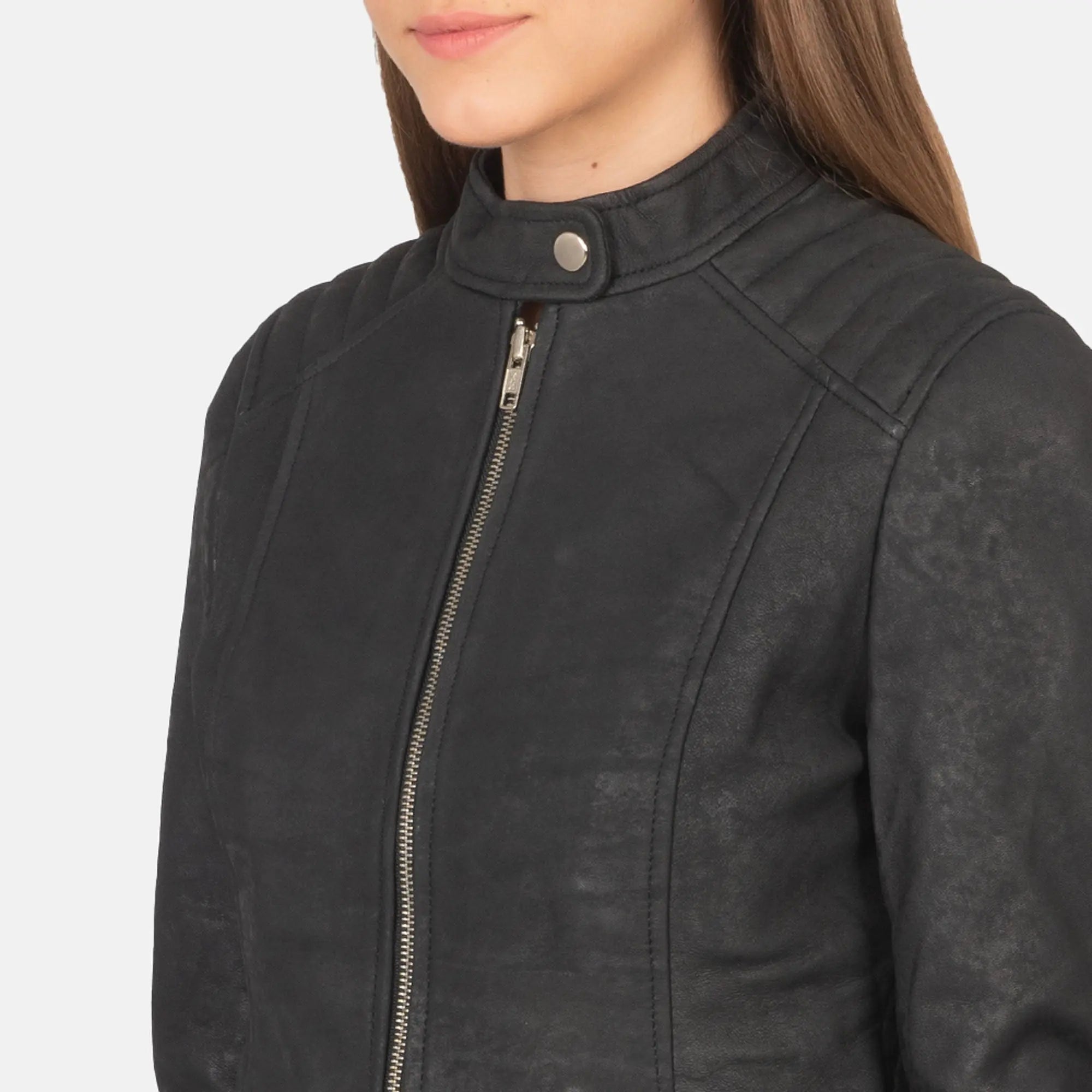 Close up distressed leather jacket zipper and stitching detail
