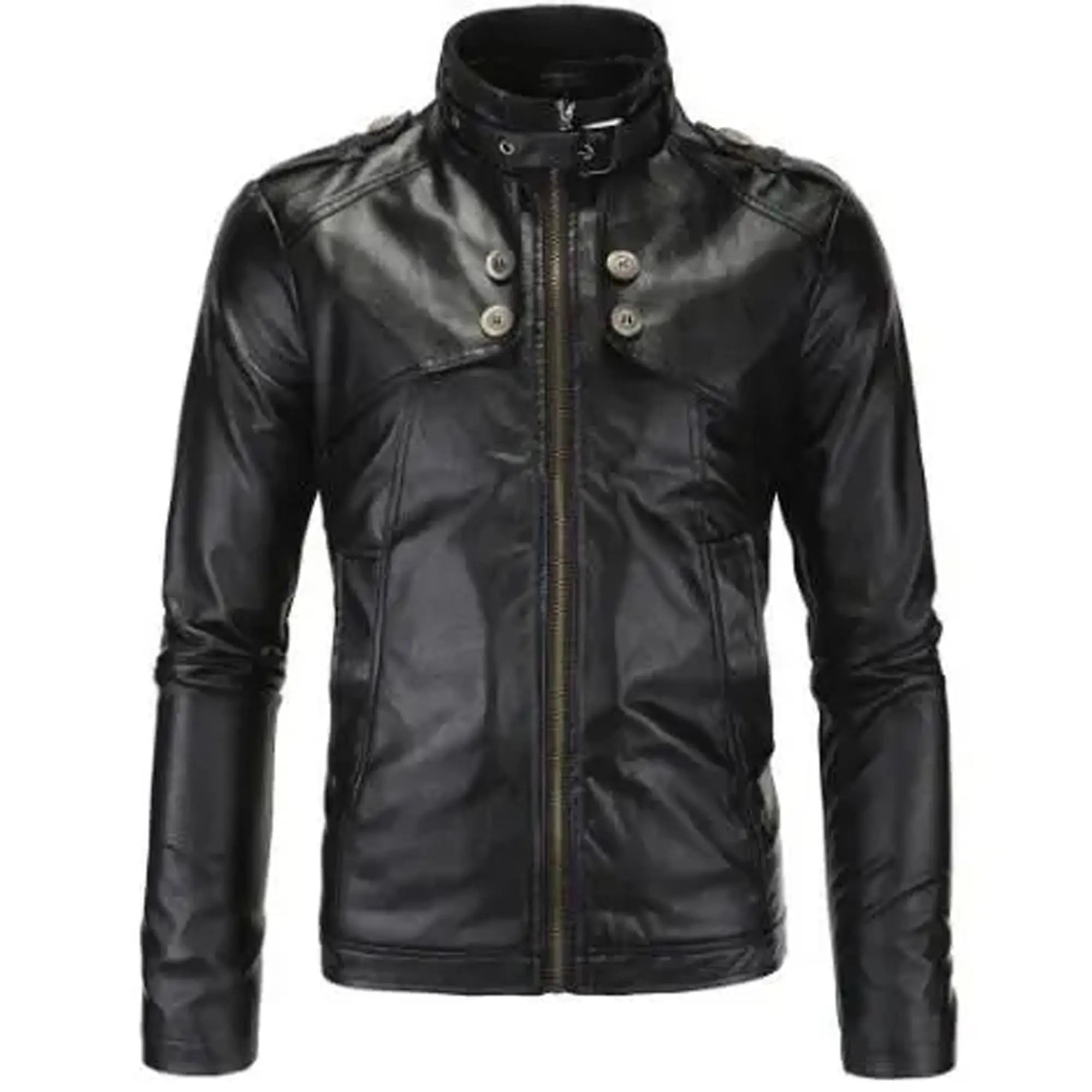 Close up leather jacket zipper stitching detail black view