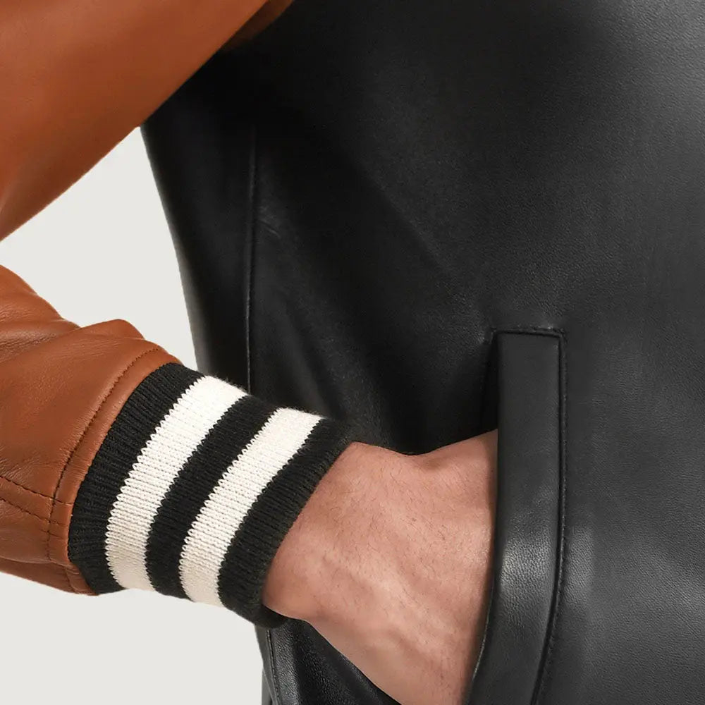 Close up leather varsity jacket ribbed cuff detail shot