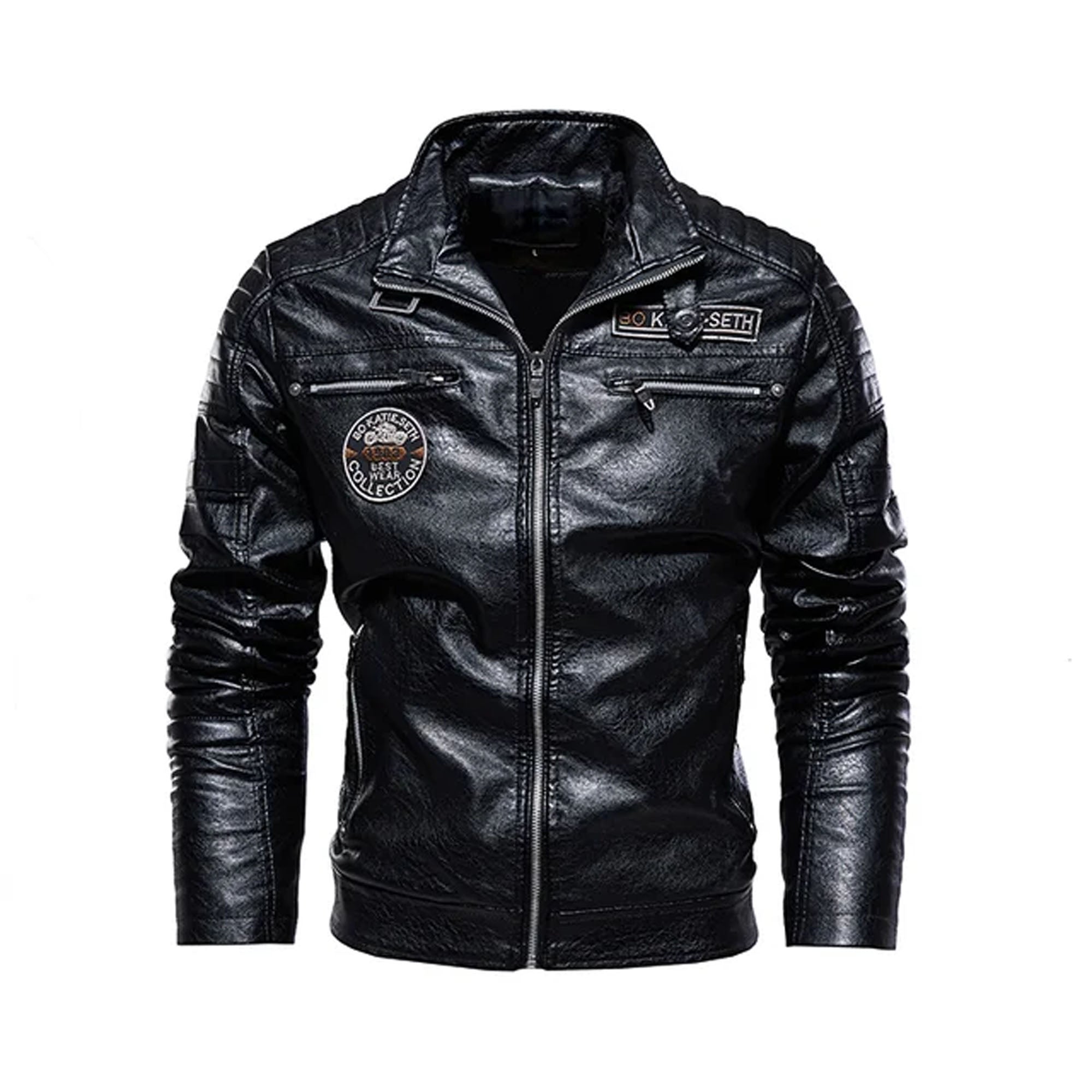 Close up winter leather jacket detailing zipper and pockets.