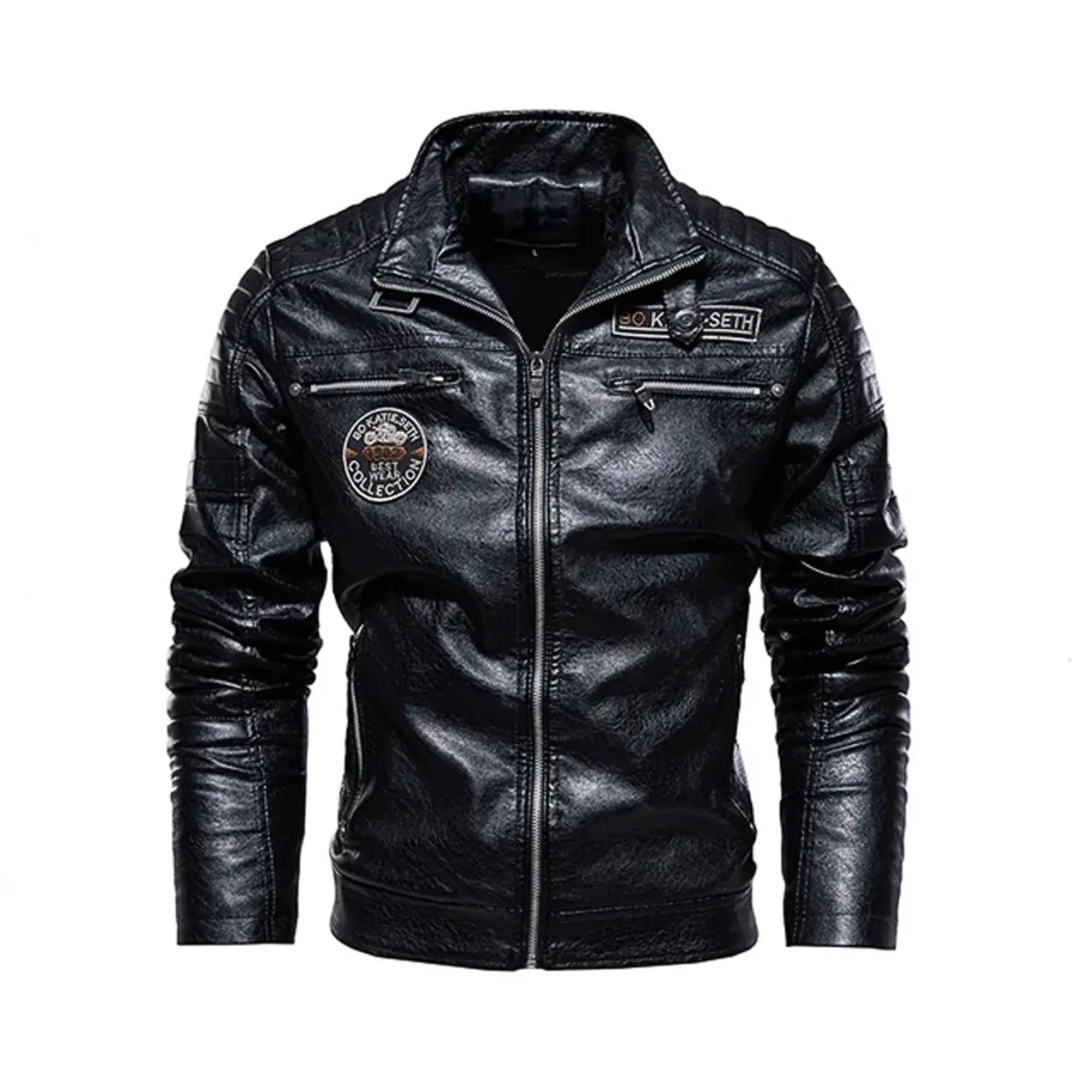 Close up winter leather jacket detailing zipper and pockets.
