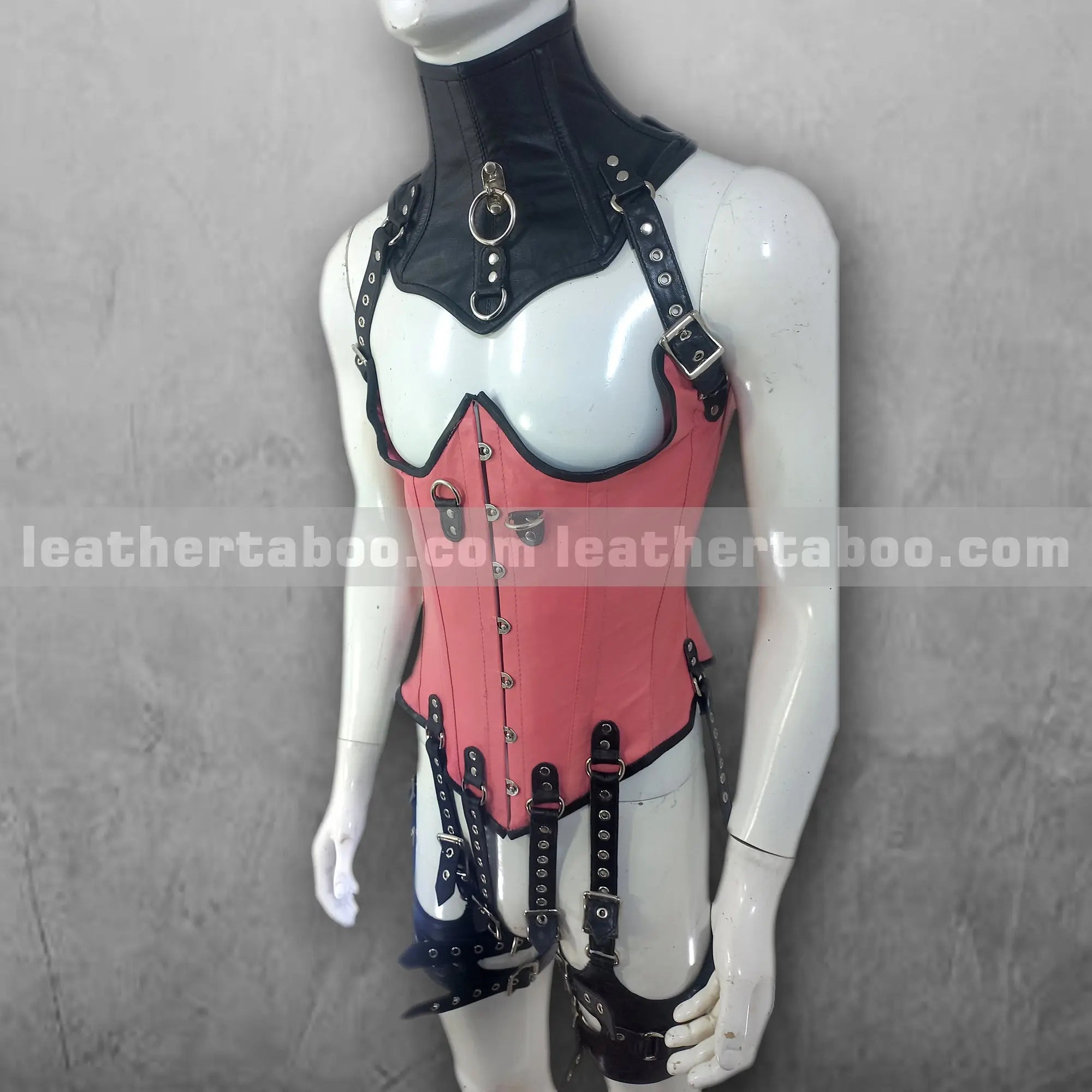 Pink and Black Sheepskin Leather Corset Outfit with Buckled Harness Straps | Adjustable Fit | Performance or Fashion Wear - Leather taboo