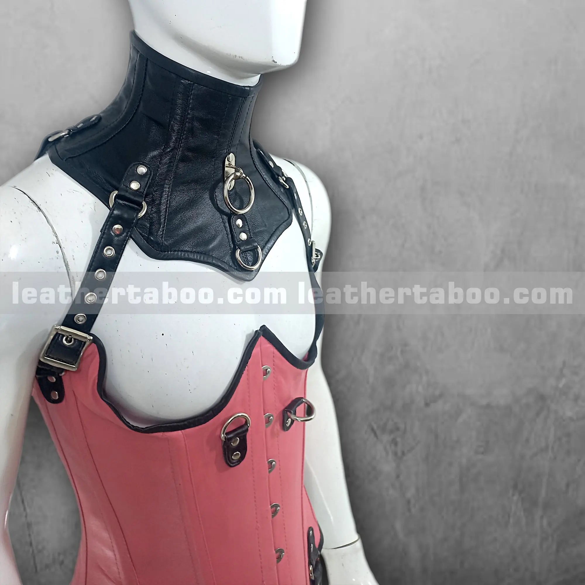 Pink and Black Sheepskin Leather Corset Outfit with Buckled Harness Straps | Adjustable Fit | Performance or Fashion Wear - Leather taboo