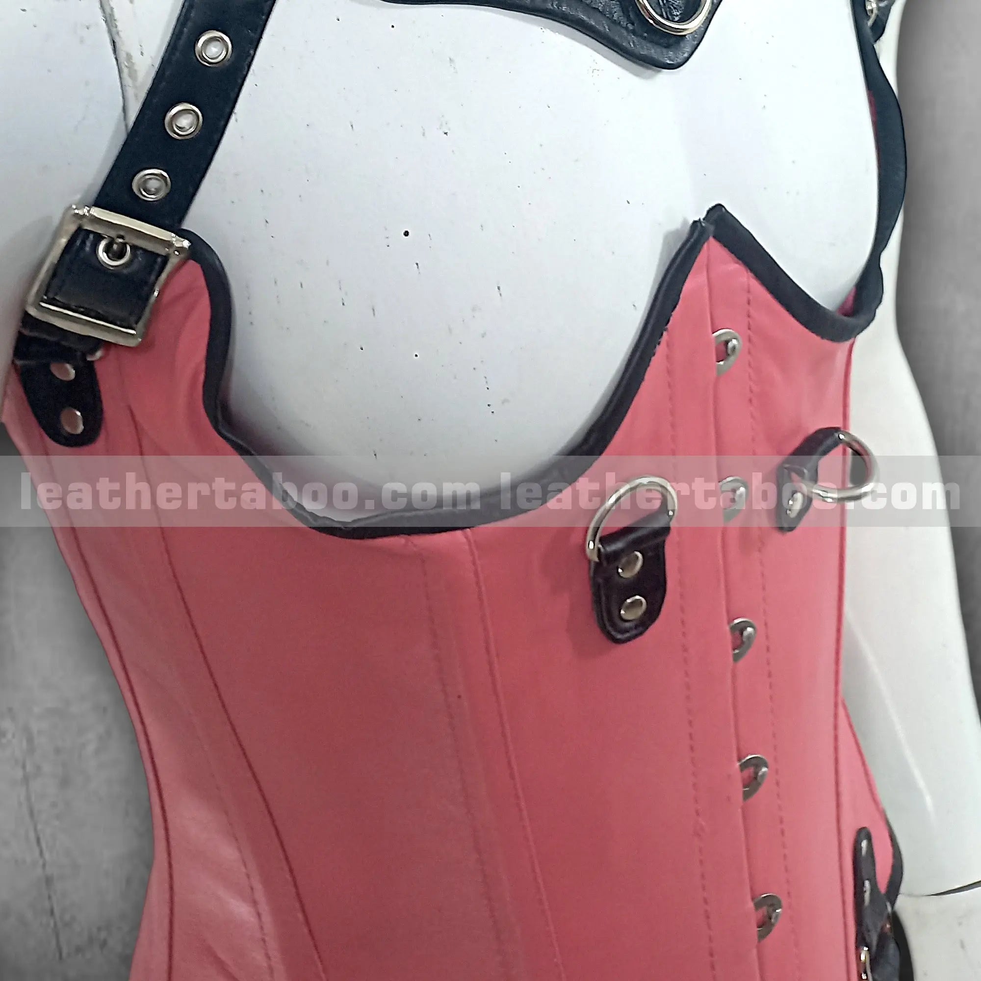 Pink and Black Sheepskin Leather Corset Outfit with Buckled Harness Straps | Adjustable Fit | Performance or Fashion Wear - Leather taboo