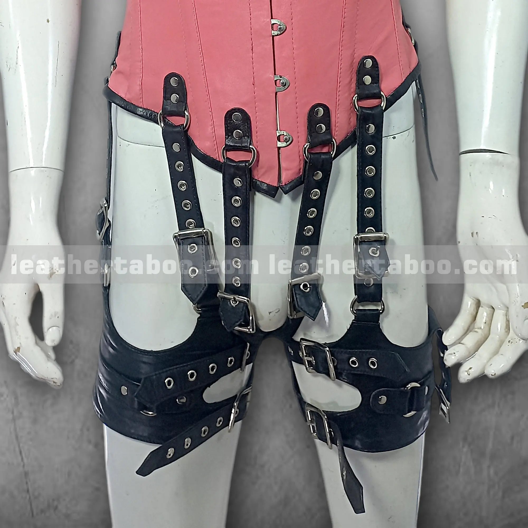 Pink and Black Sheepskin Leather Corset Outfit with Buckled Harness Straps | Adjustable Fit | Performance or Fashion Wear - Leather taboo