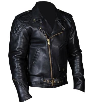 Men’s Real Leather Quilted Jacket (Shoulder Padded Motorcycle Clubwear Coat)