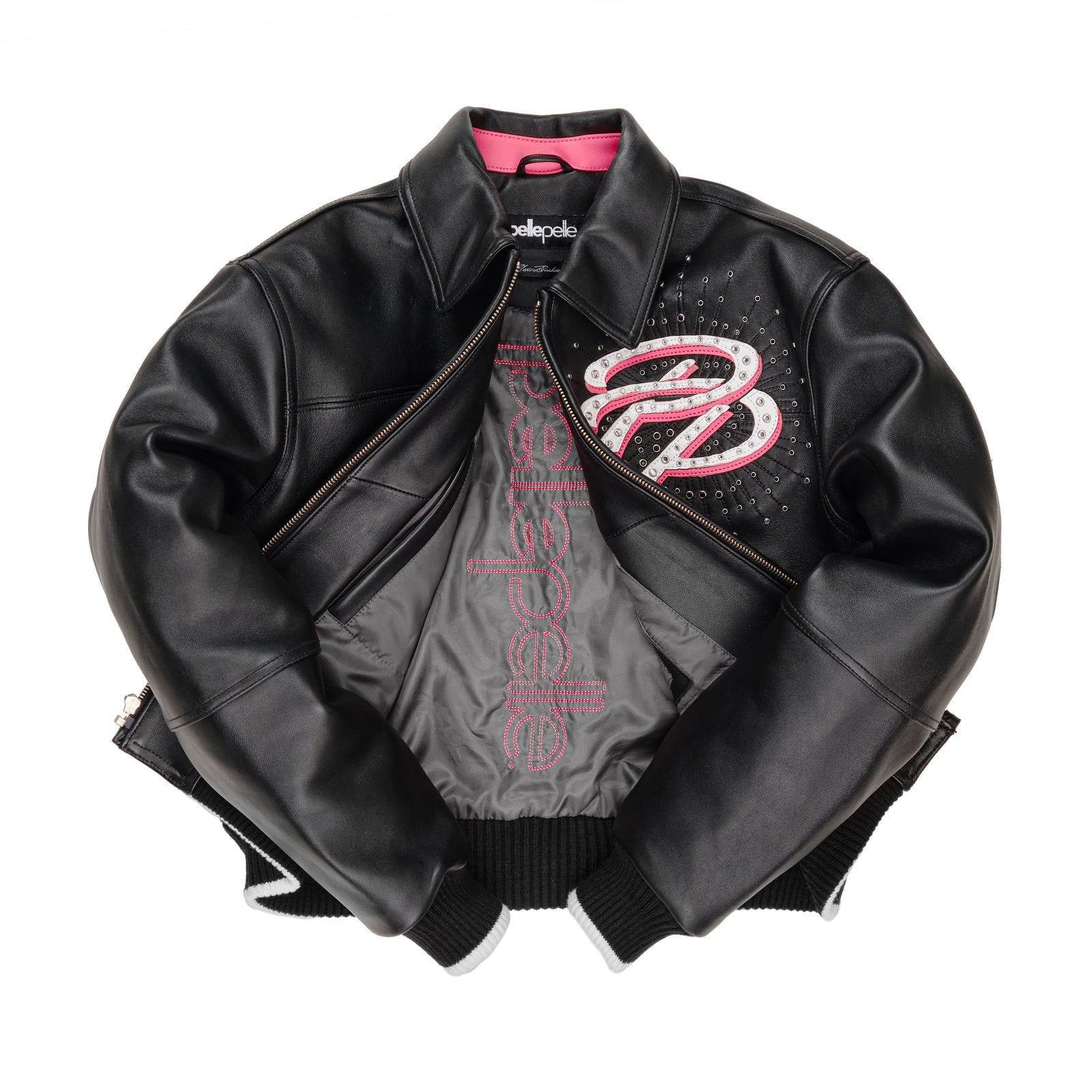 Women’s Black Pelle Pelle Cowhide Leather Jacket with Pink Accents – Premium Designer Streetwear