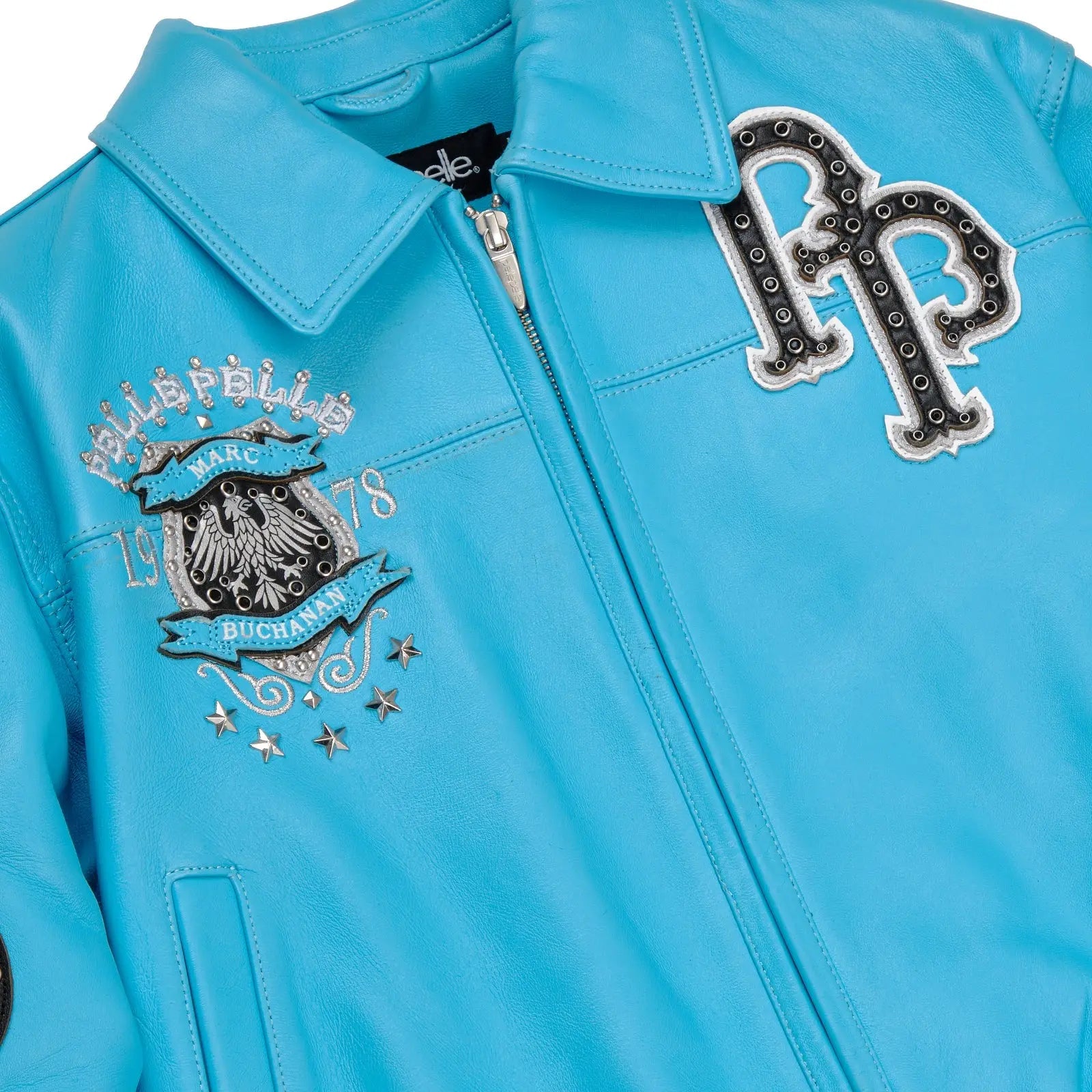 Pelle Pelle Turquoise Cowhide Leather Jacket for Women โ Embellished Bomber with Studded Art Patches - Leather taboo