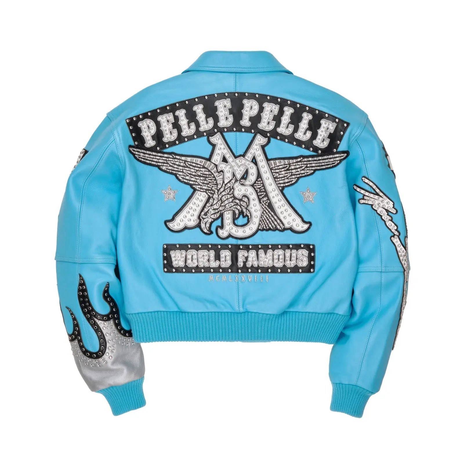 Pelle Pelle Turquoise Cowhide Leather Jacket for Women – Embellished Bomber with Studded Art Patches - Leather taboo
