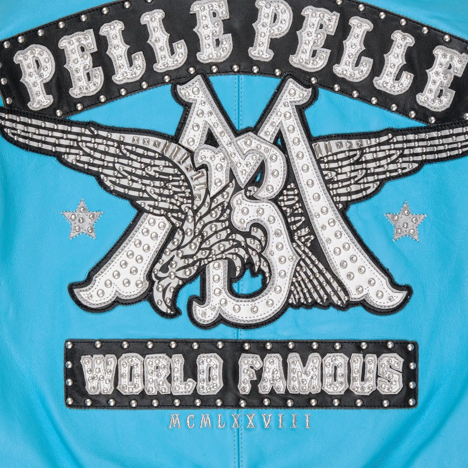 Pelle Pelle Turquoise Cowhide Leather Jacket for Women – Embellished Bomber with Studded Art Patches - Leather taboo