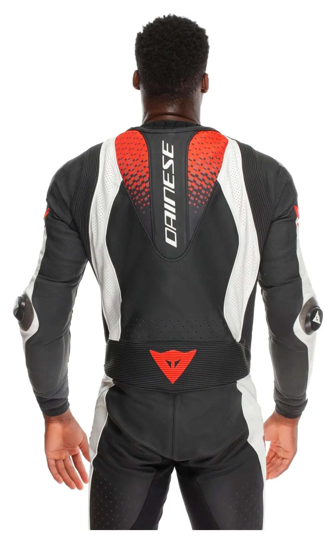 Dainese motorcycle racing suit featuring CE armor padding and aerodynamic biker styling in black white red