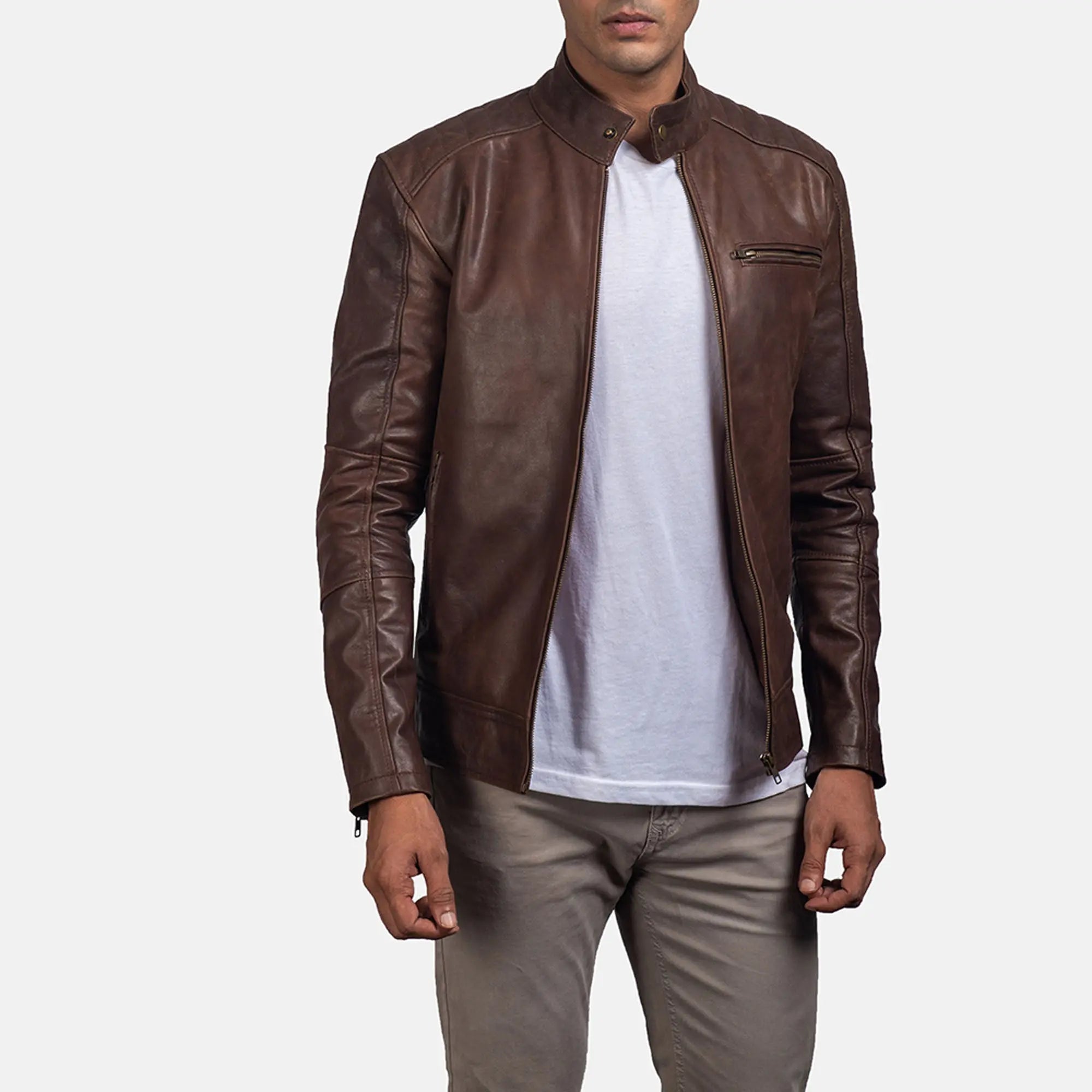 Dean brown leather biker jacket front view
