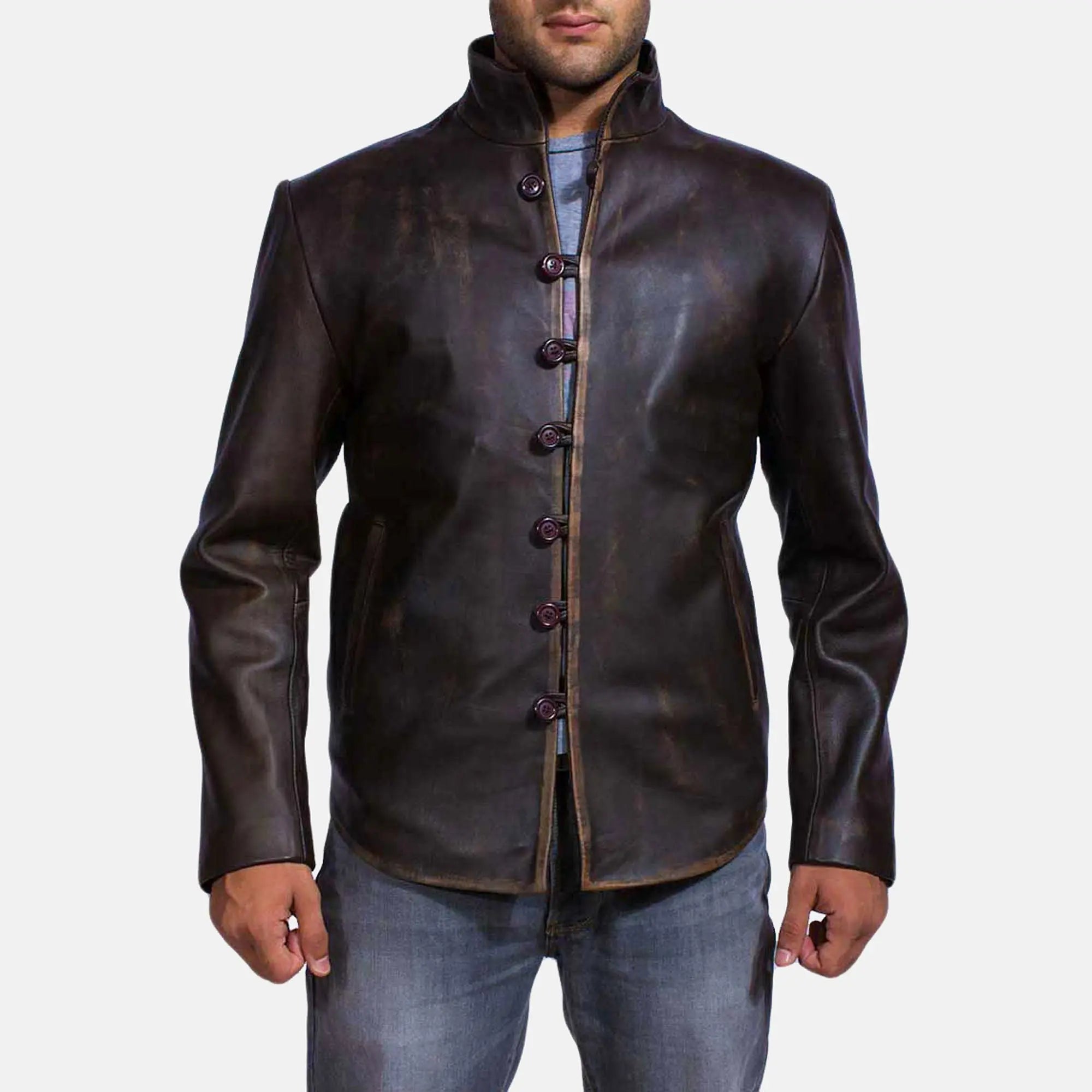 Drakeshire brown leather jacket front view