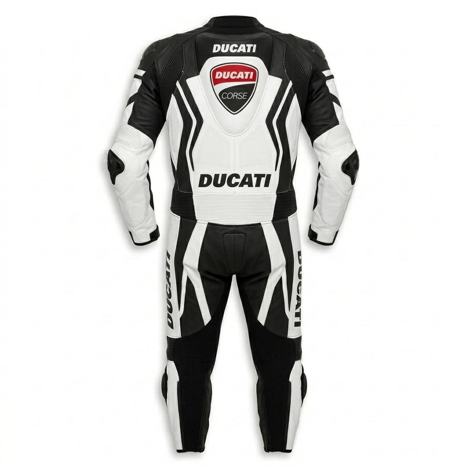 Ducati Corse leather racing suit for men in white and black genuine leather with professional motorcycle protection