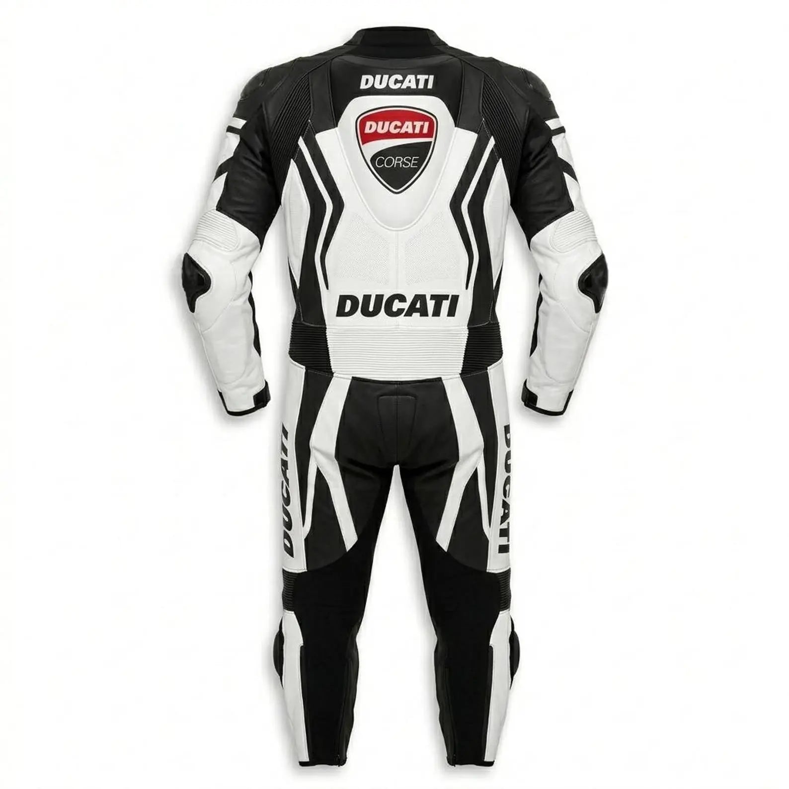 Ducati Corse leather racing suit for men in white and black genuine leather with professional motorcycle protection