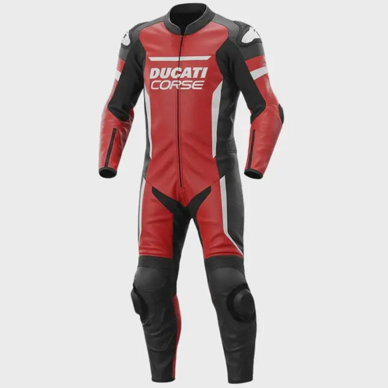 Ducati Corse red leather racing suit with premium motorcycle protection and genuine cowhide leather construction