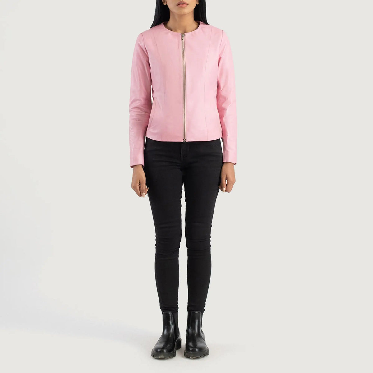 Elixir pink collarless leather jacket front view