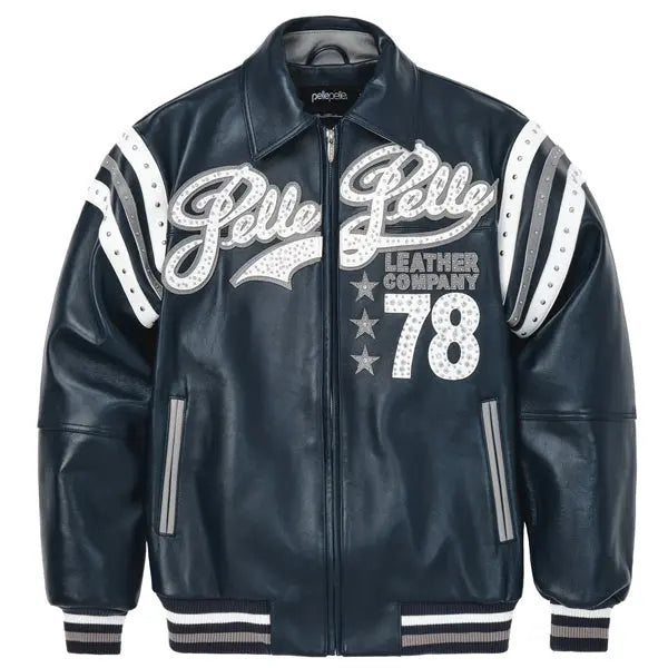 Men's Pelle Pelle Navy Blue Varsity Jacket โ Premium Cowhide Leather with Crystal Studded Logo & Striped Sleeves - Leather taboo
