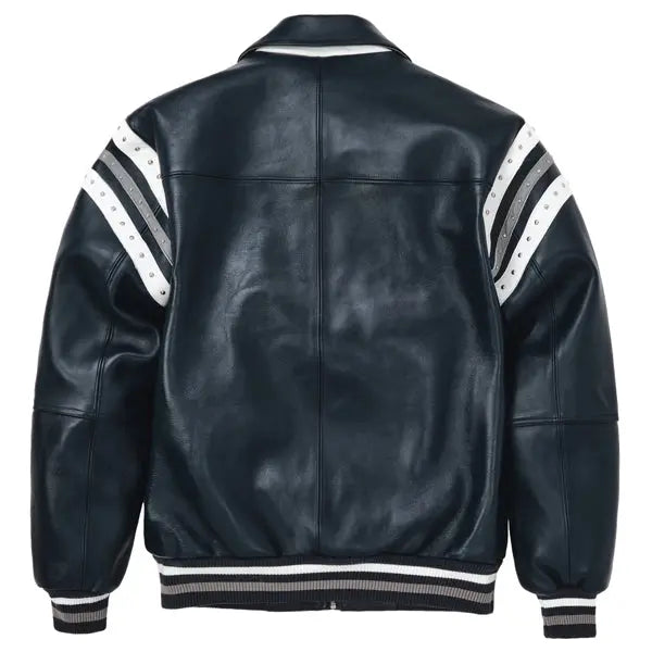 Men's Pelle Pelle Navy Blue Varsity Jacket โ Premium Cowhide Leather with Crystal Studded Logo & Striped Sleeves - Leather taboo