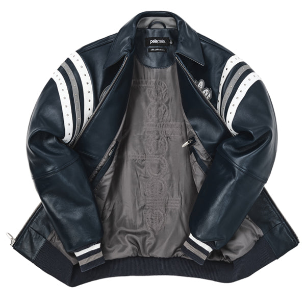Men's Pelle Pelle Navy Blue Varsity Jacket – Premium Cowhide Leather with Crystal Studded Logo & Striped Sleeves