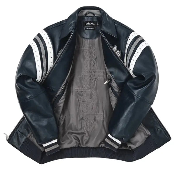 Men's Pelle Pelle Navy Blue Varsity Jacket – Premium Cowhide Leather with Crystal Studded Logo & Striped Sleeves - Leather taboo