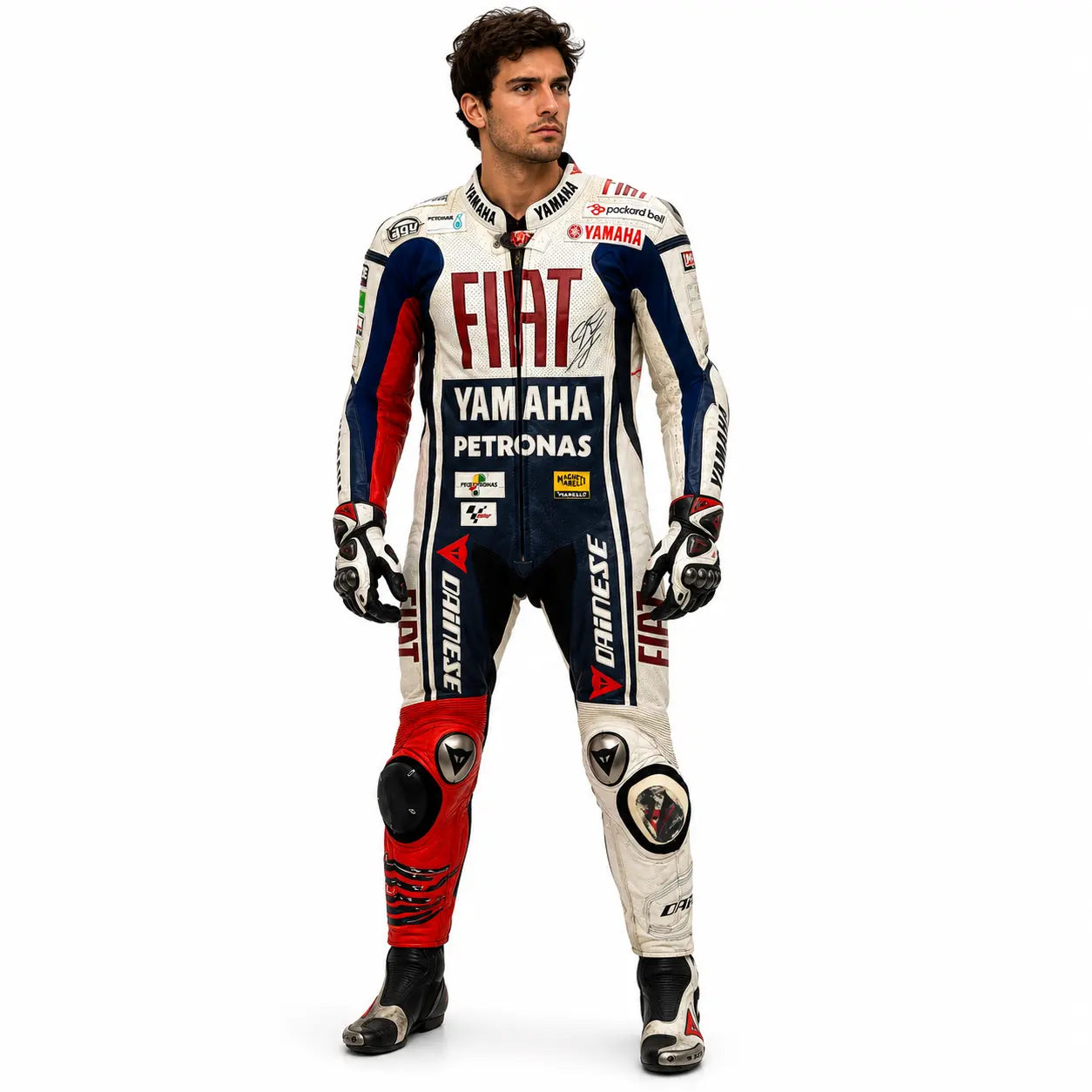 Professional motorcycle racing suit inspired by FIAT Yamaha Petronas racing heritage
