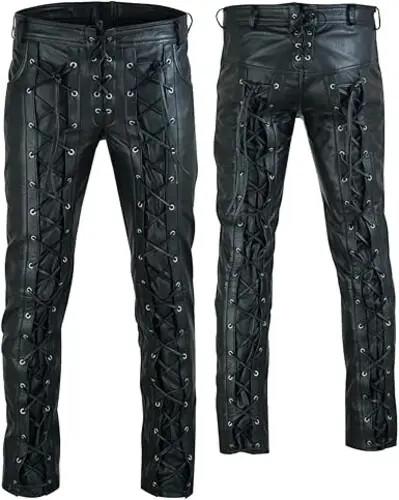 Menโs Real Leather Lace-Up Biker Pants (Motorcycle Clubwear Trousers)