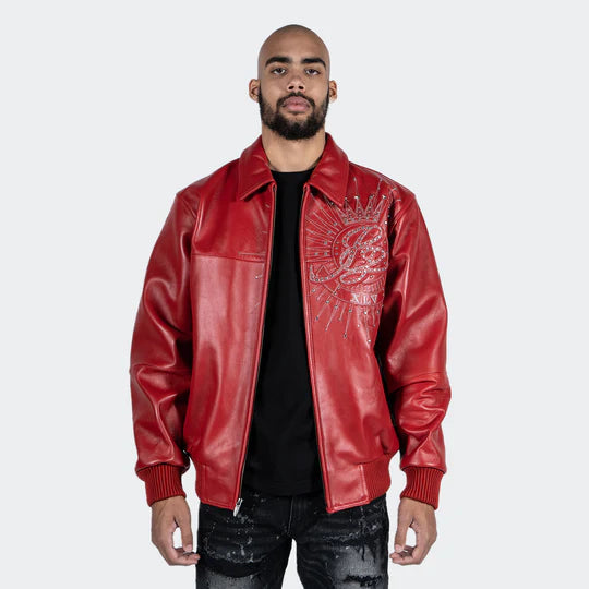 Men’s red Pelle Pelle leather jacket inspired by iconic hip hop streetwear fashion and premium urban style