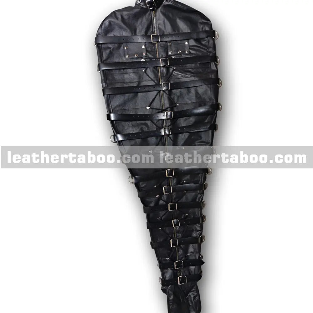Full body black leather restraint bag with multiple buckle straps and heavy-duty zipper, designed for durability and secure fit